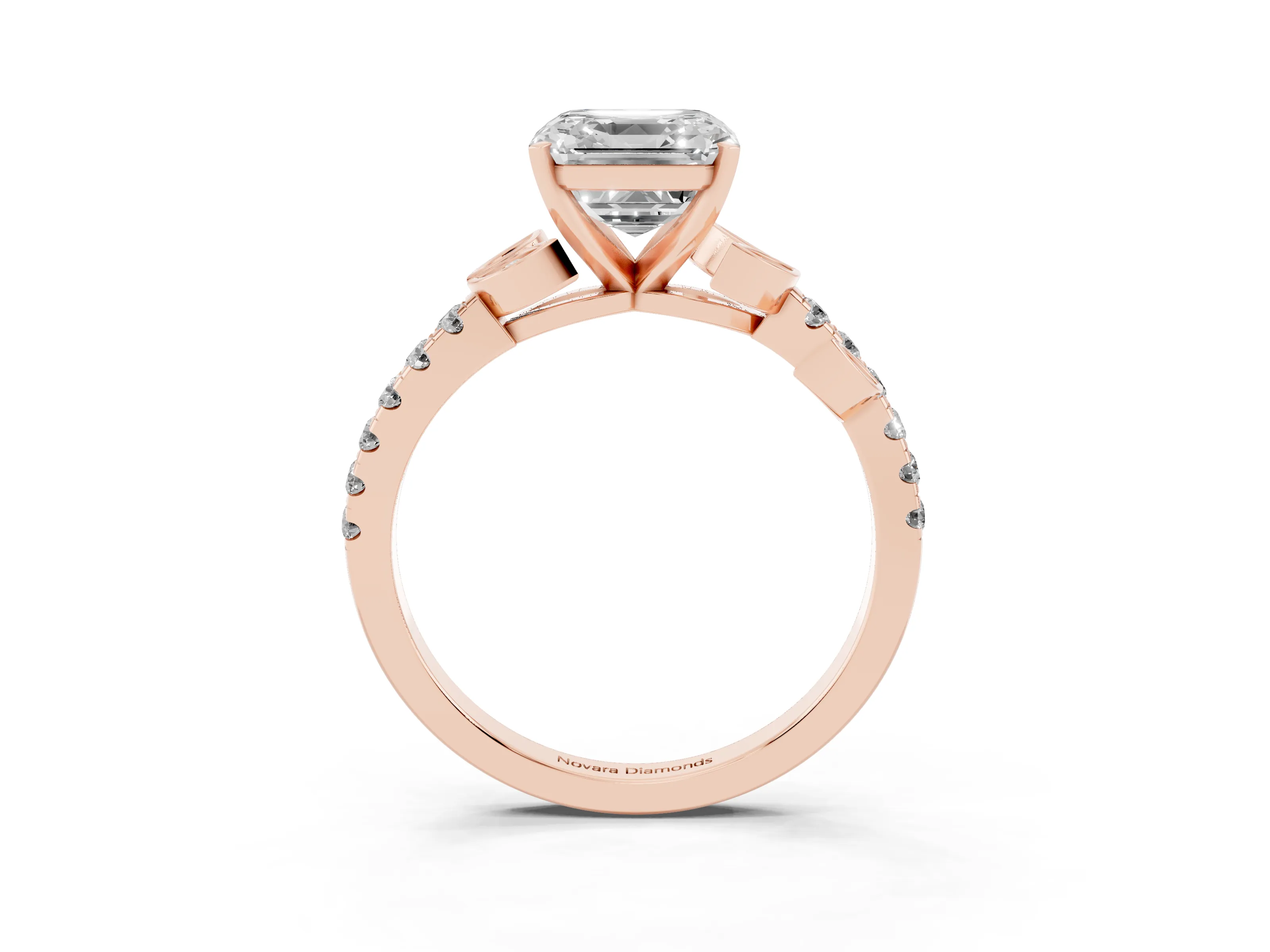 Asscher Cut Diamond Solitaire Leaf-Inspired Ring Set in Rose gold with Pavé Band and Prong Setting
