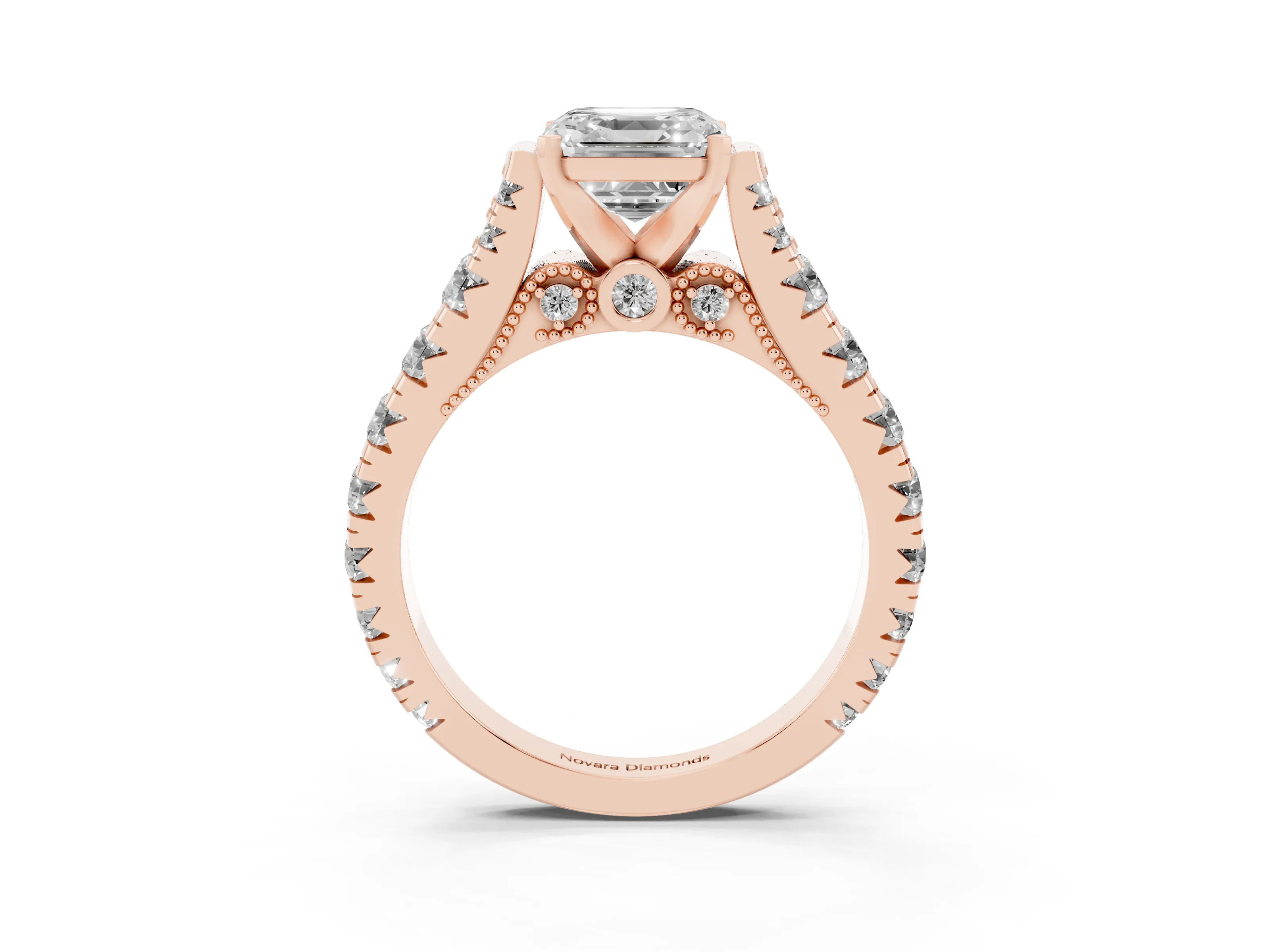 Asscher Cut Diamond Classic Solitaire Ring Set in Rose gold with Pavé Band and Prong Setting
