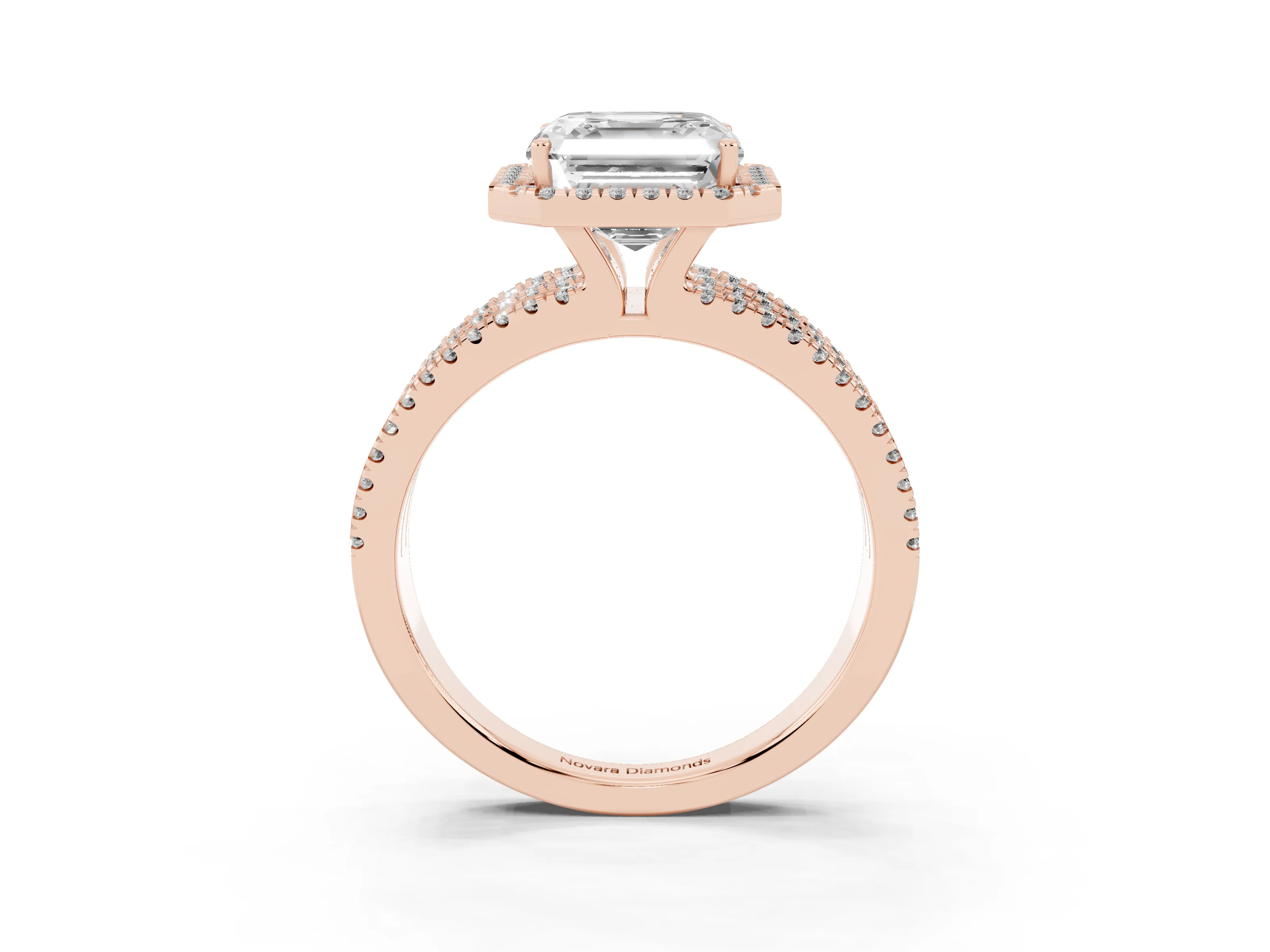 Asscher Cut Diamond Halo Split Shank Engagement Ring Set in Rose gold with Prong Setting
