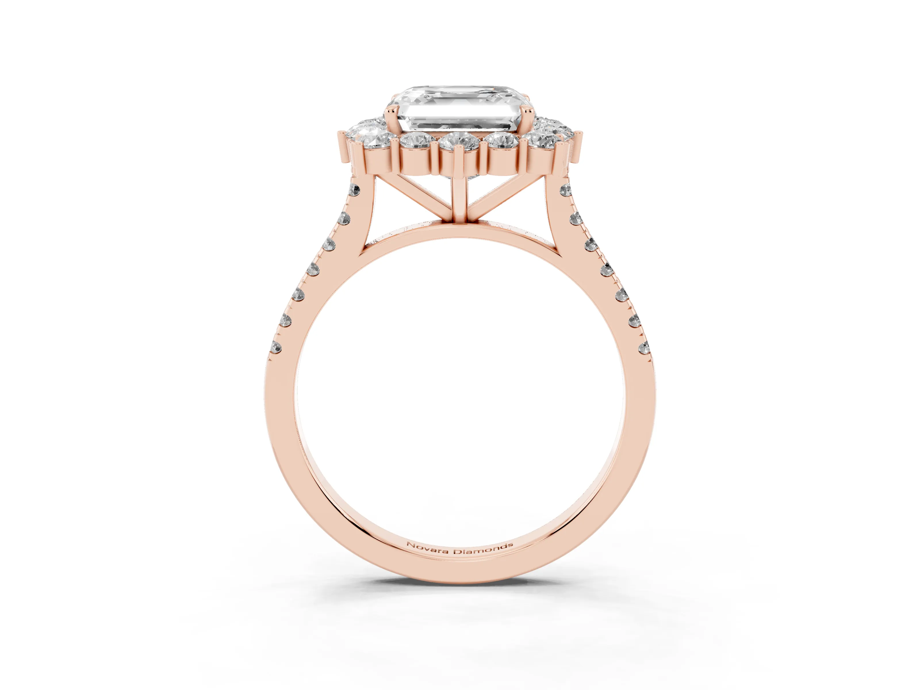 Asscher Cut Diamond Halo Ring Set in Rose gold with Pavé Band and Prong Setting