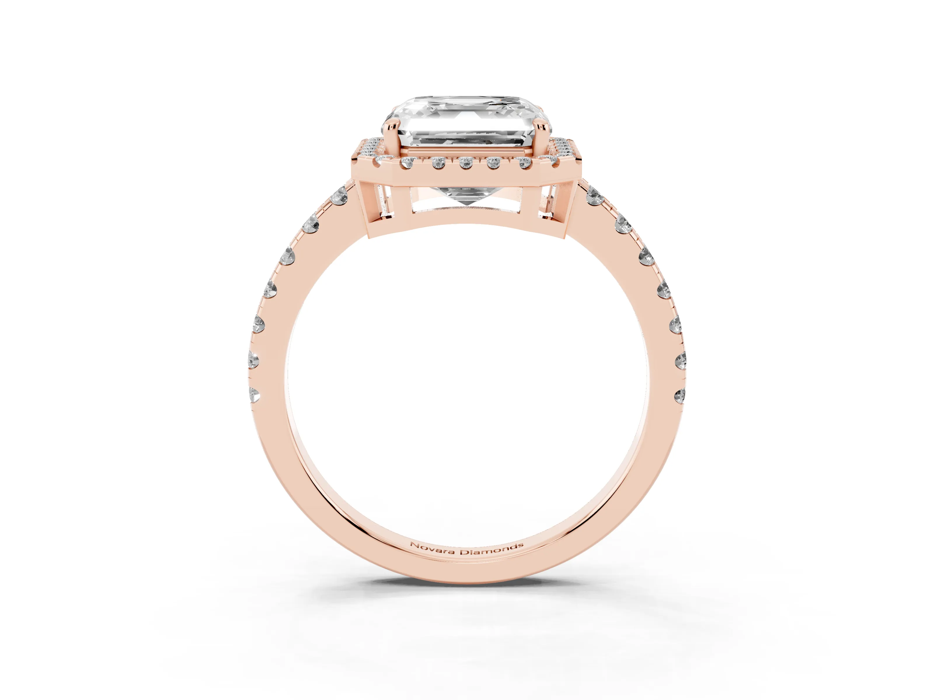 Asscher Cut Diamond Halo Ring Set in Rose gold with Delicate Pavé Band and Prong Setting