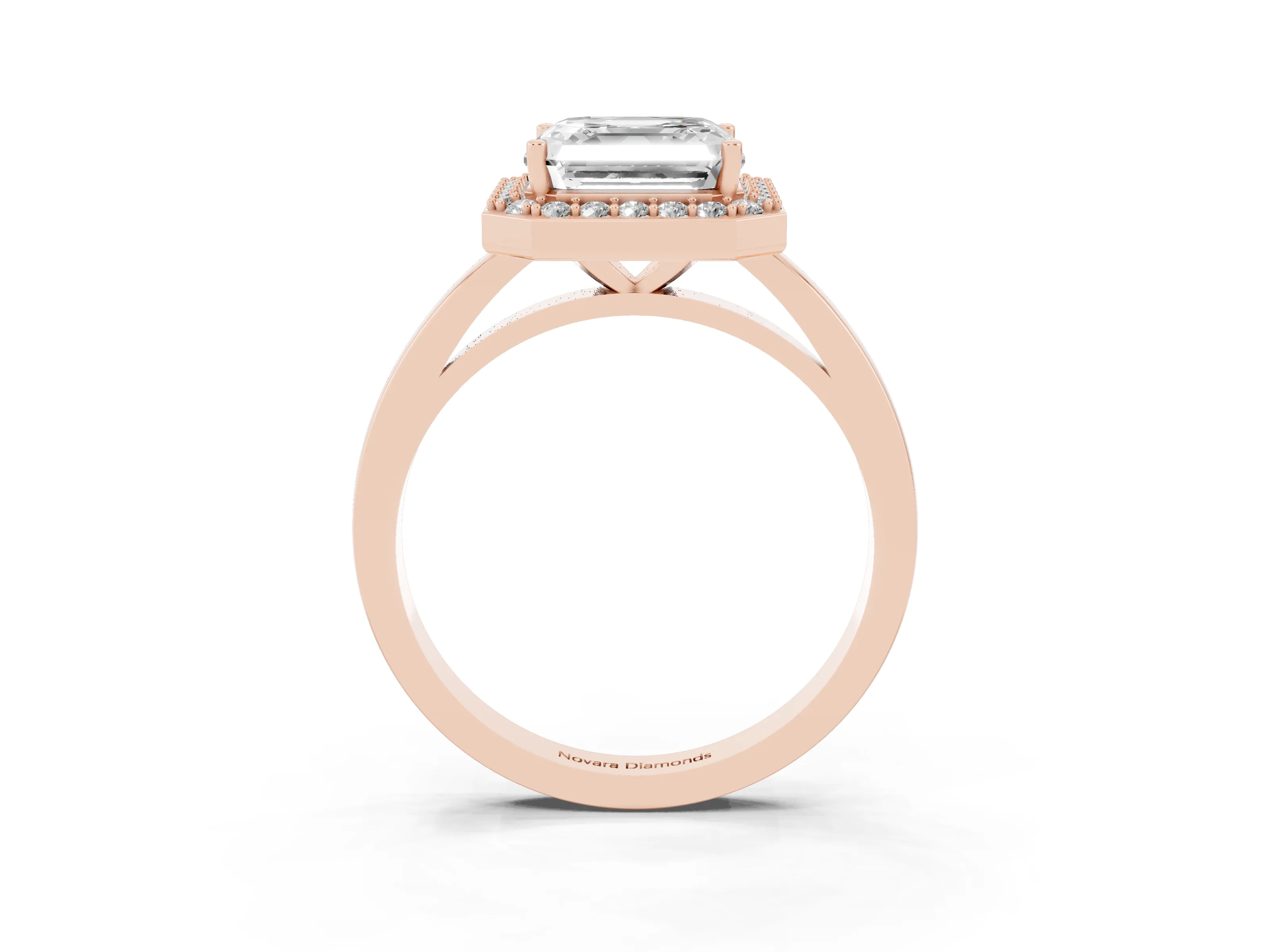 Asscher Cut Diamond Halo Ring Set in Rose gold with Solitaire Band and Prong Setting