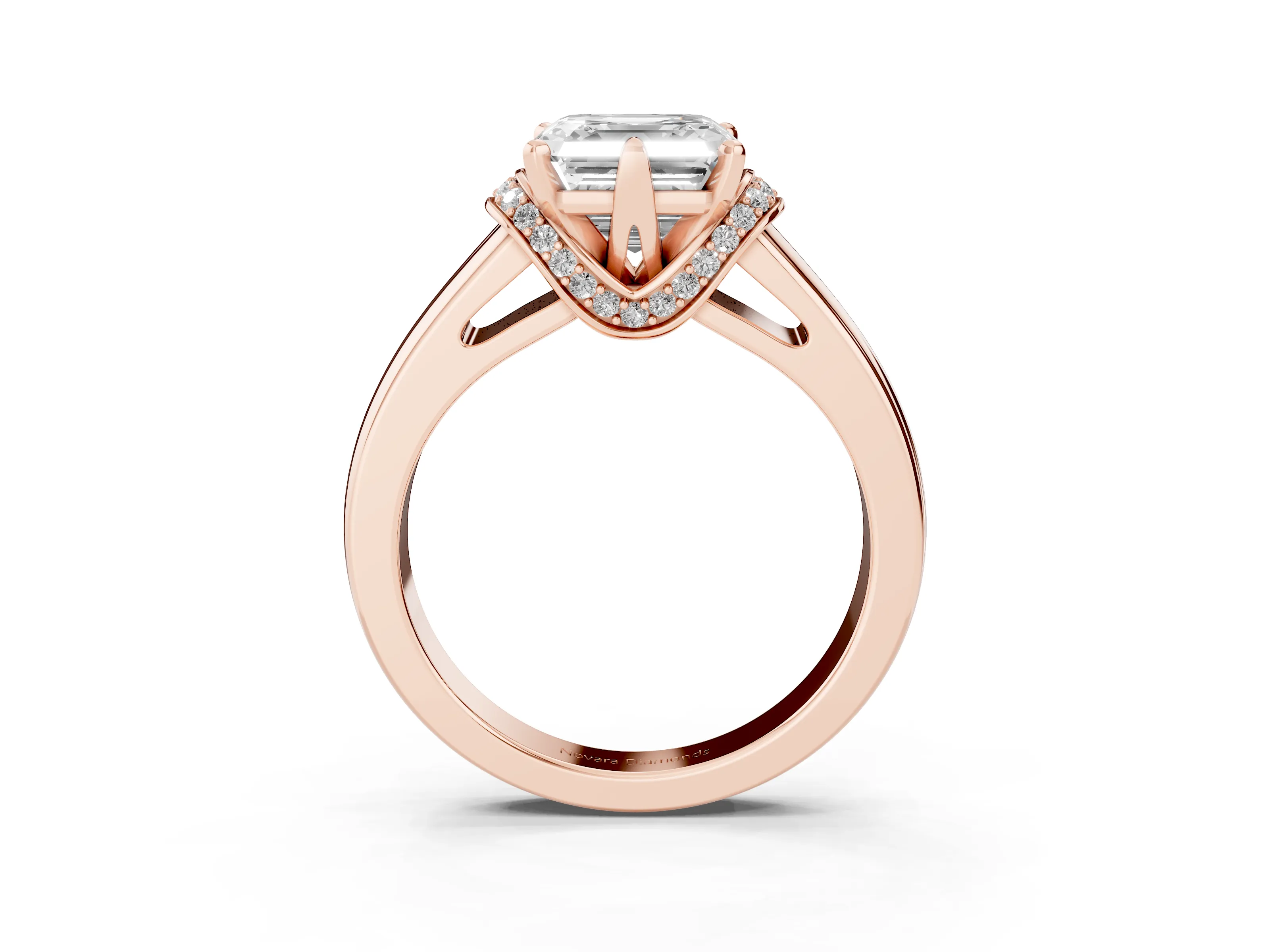 Asscher Cut Diamond Pavé Band Solitaire Ring Set in Rose gold with Prong Setting