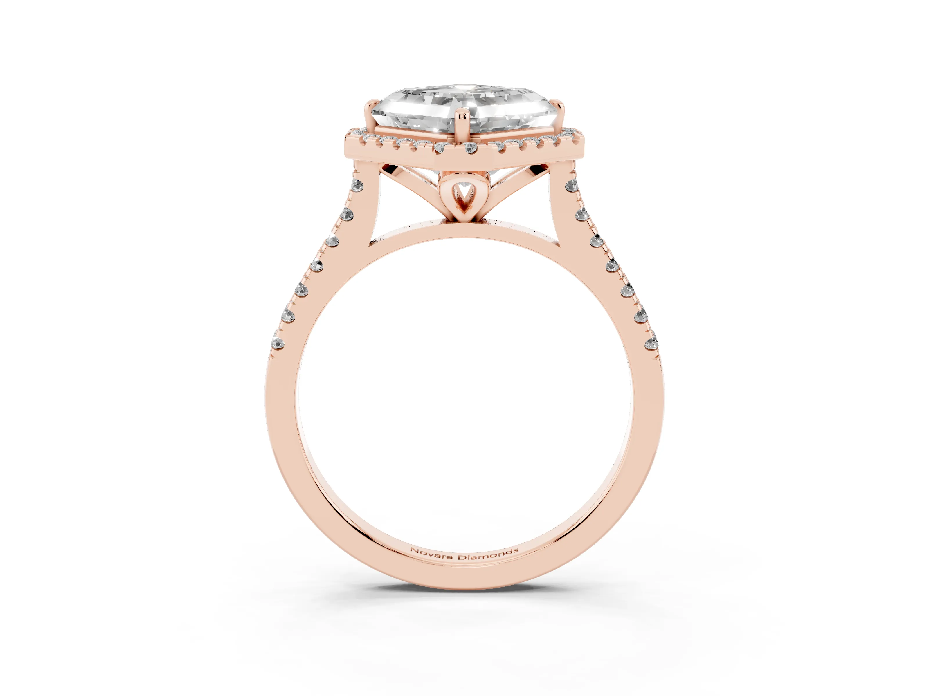 Asscher Cut Diamond Cushion Halo Ring Set in Rose gold with Pavé Band