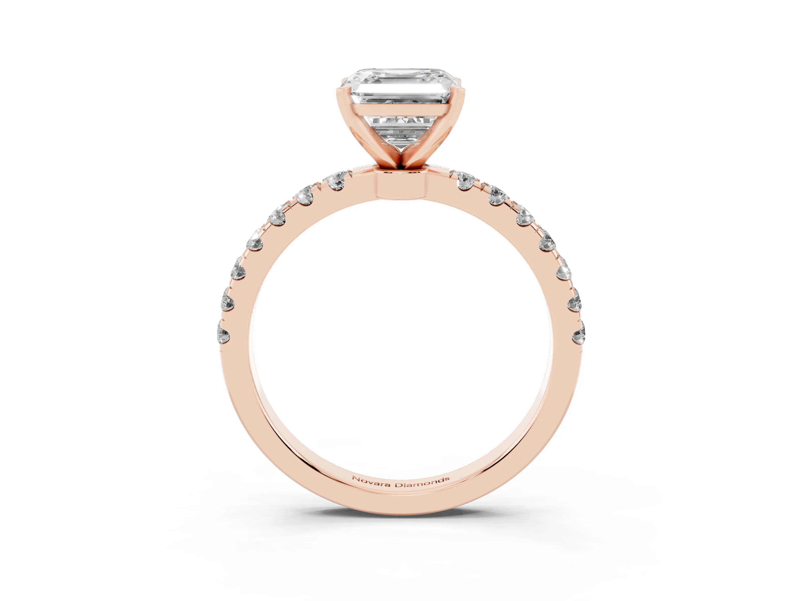 Asscher Cut Diamond Solitaire Ring Set in Rose gold with Pavé Accents and Prong Setting