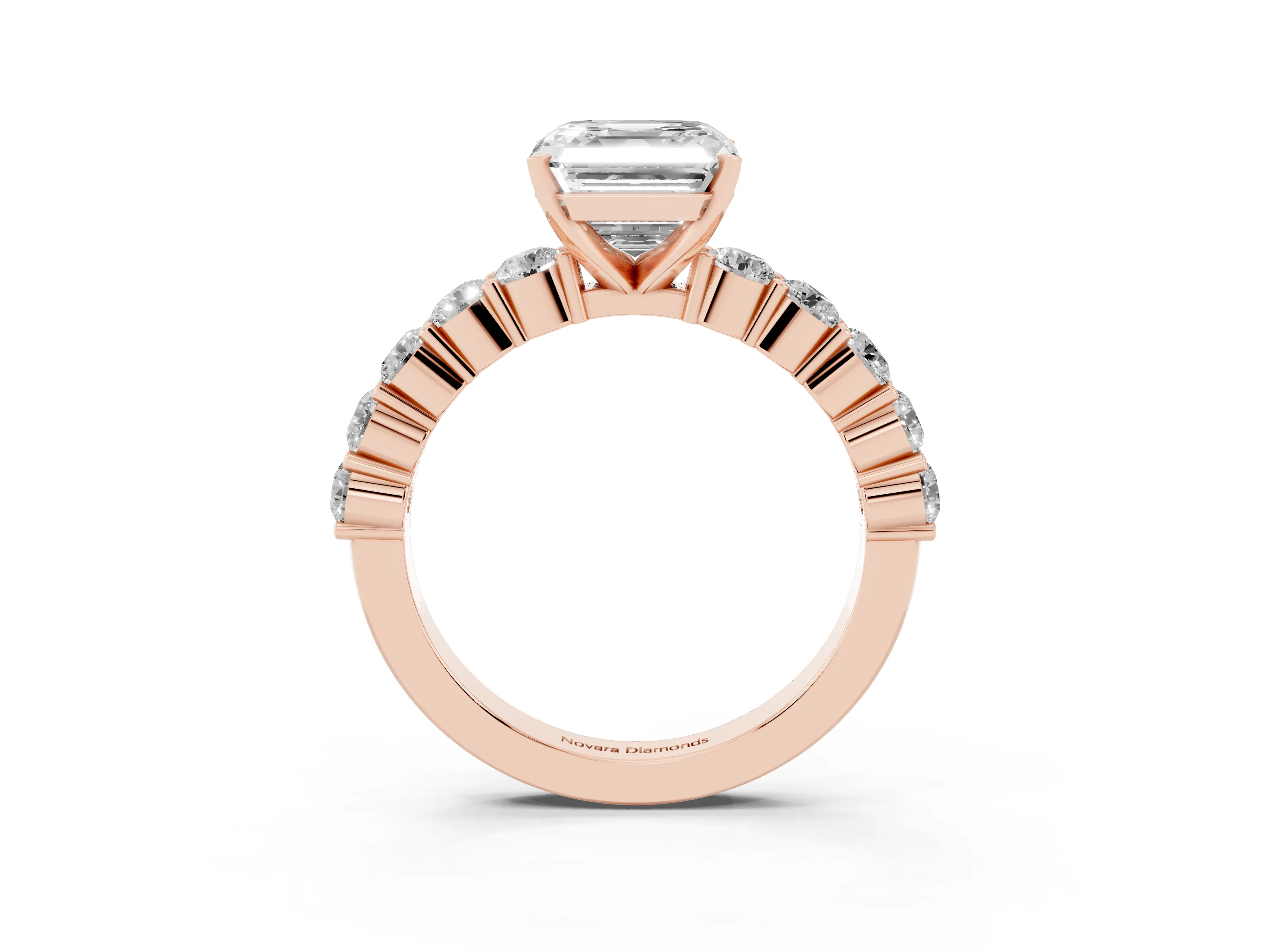 Asscher Cut Diamond Solitaire Ring Set in Rose gold with Shared Prong Round Side Stones