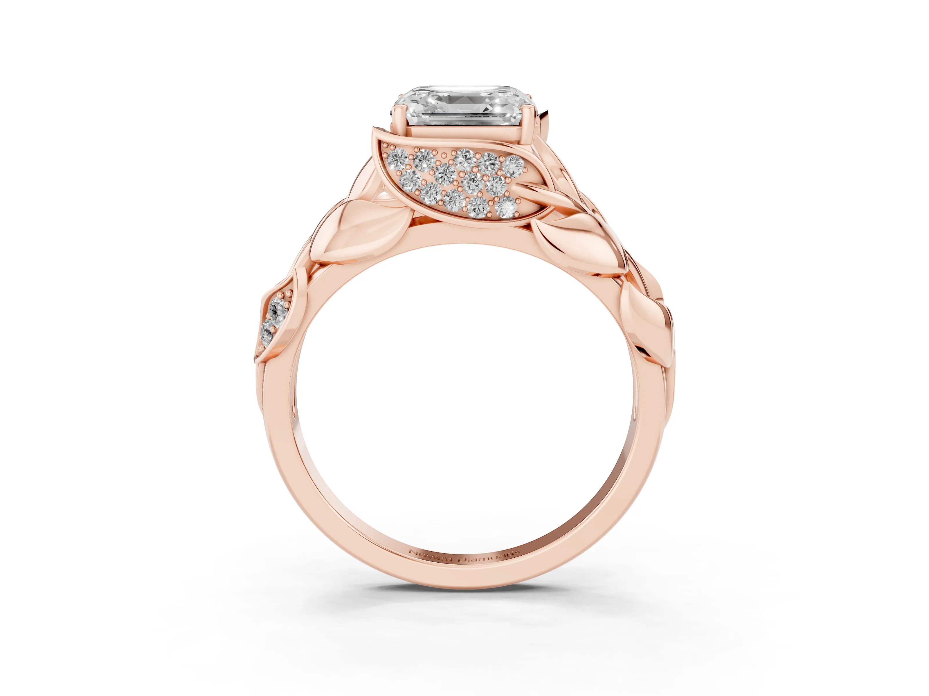 Asscher Cut Diamond Leaf-Inspired Engagement Ring Set in Rose gold with Round Accents