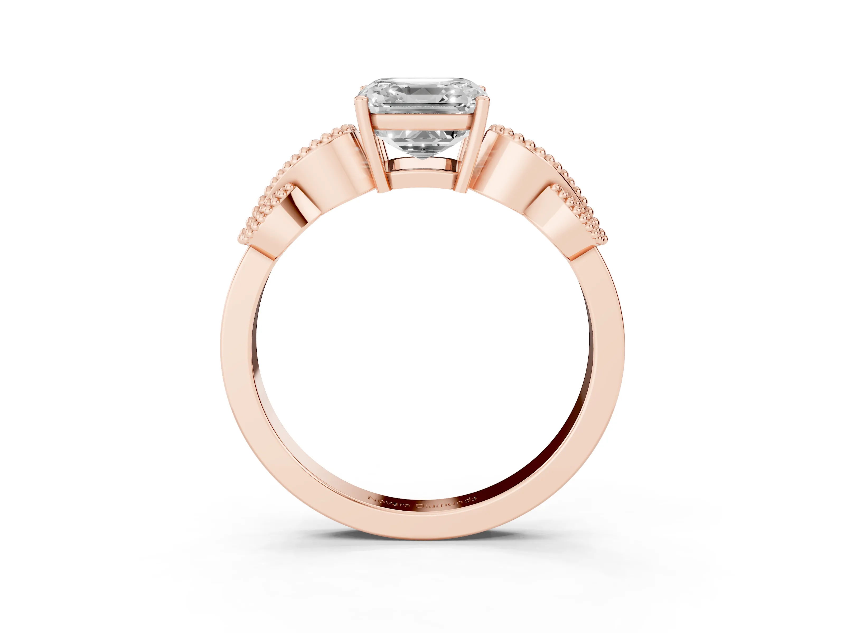 Asscher Cut Diamond Milgrain Leaf Band Solitaire Ring Set in Rose gold with Accent Stones and Prong Setting