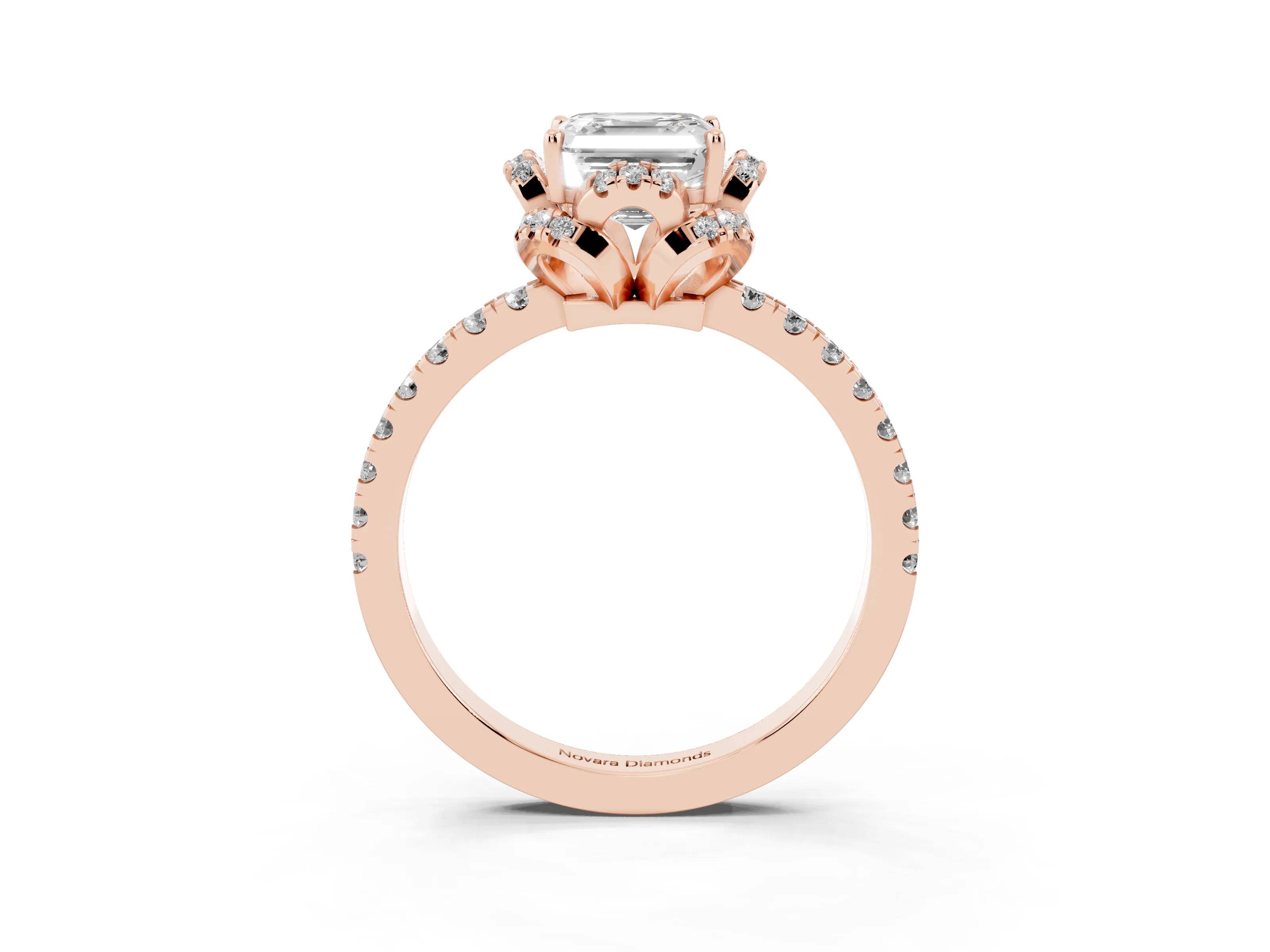 Asscher Cut Diamond Halo Pavé Ring Set in Rose gold with Prong-Held Center Stone