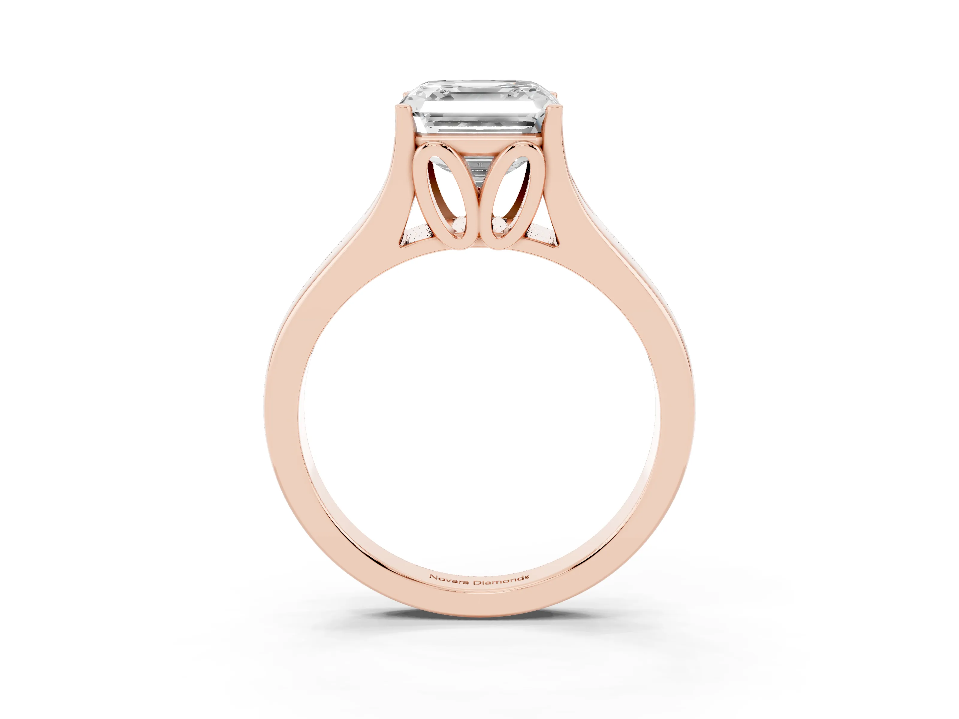 Asscher Cut Diamond Solitaire Ring Set in Rose gold with Arched Cathedral Band and Prong Setting