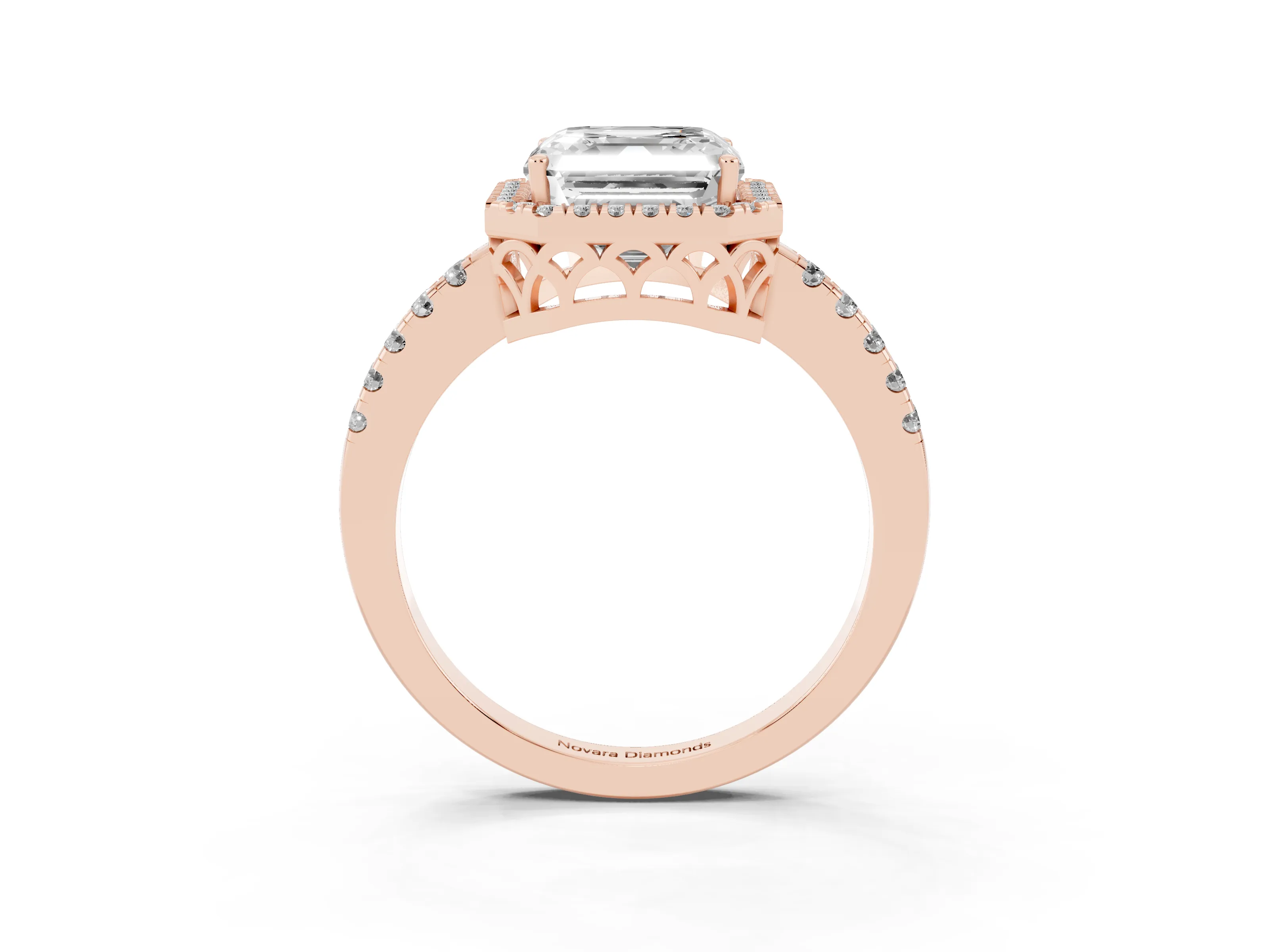 Asscher Cut Diamond Pavé Band Halo Engagement Ring Set in Rose gold with Prong Setting