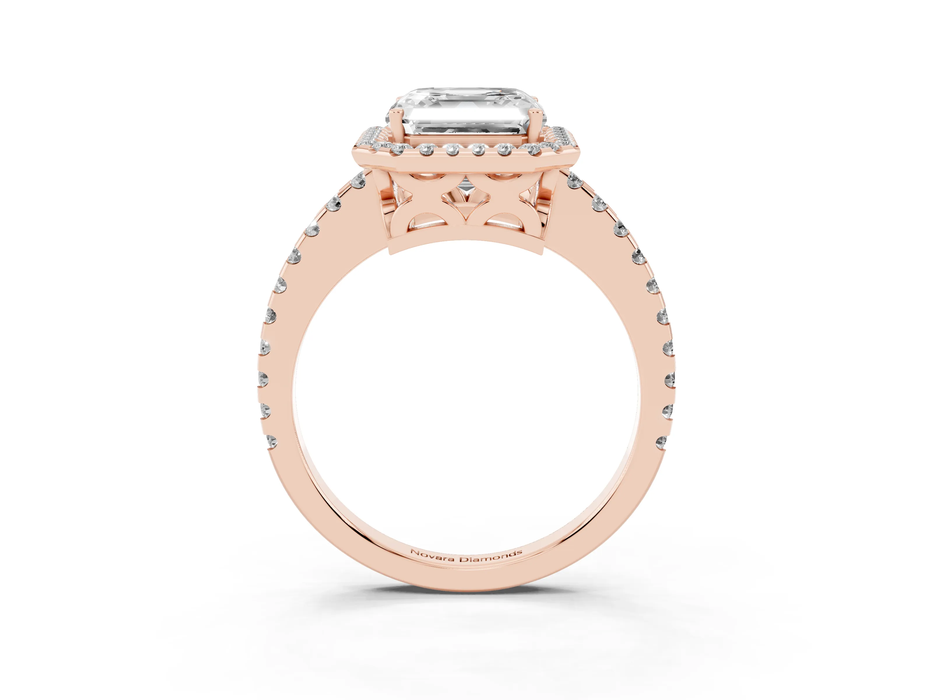 Asscher Cut Diamond Halo Ring Set in Rose gold with Pavé Shoulders and Halo-Framed Center