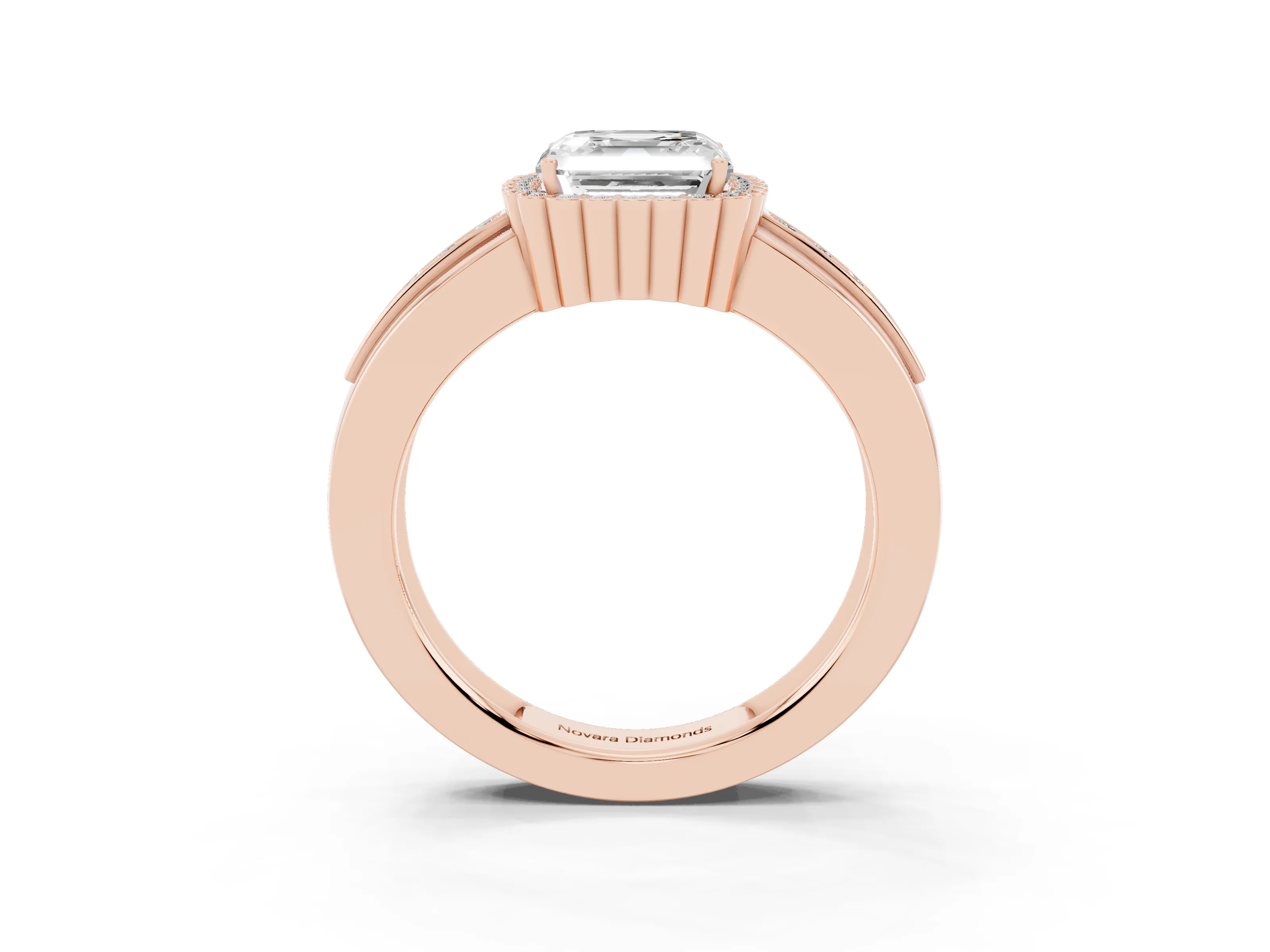 Asscher Cut Diamond Halo Prong Ring Set in Rose gold with Pavé Band