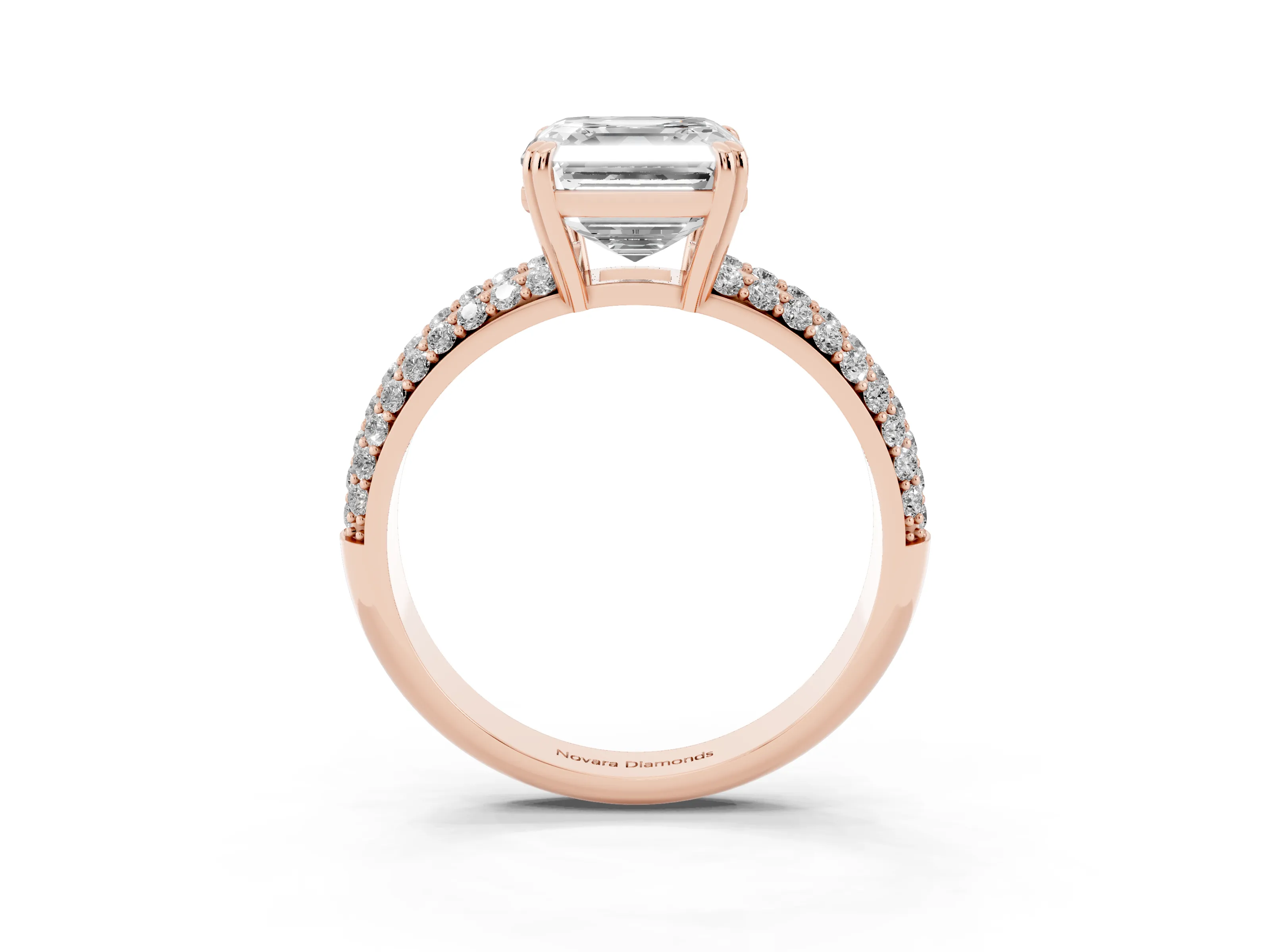 Asscher Cut Diamond Solitaire Ring Set in Rose gold with Multi-Row Round Pavé Band and Prong Setting