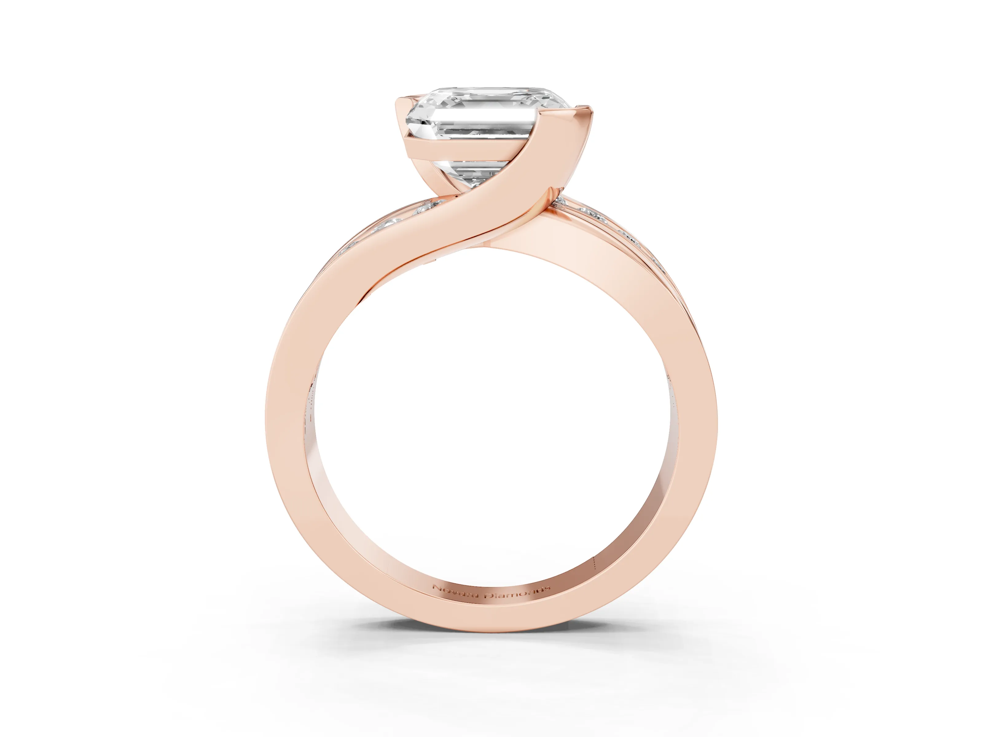 Asscher Cut Diamond Solitaire Ring Set in Rose gold with Channel Set Split Shank and Tension Prongs