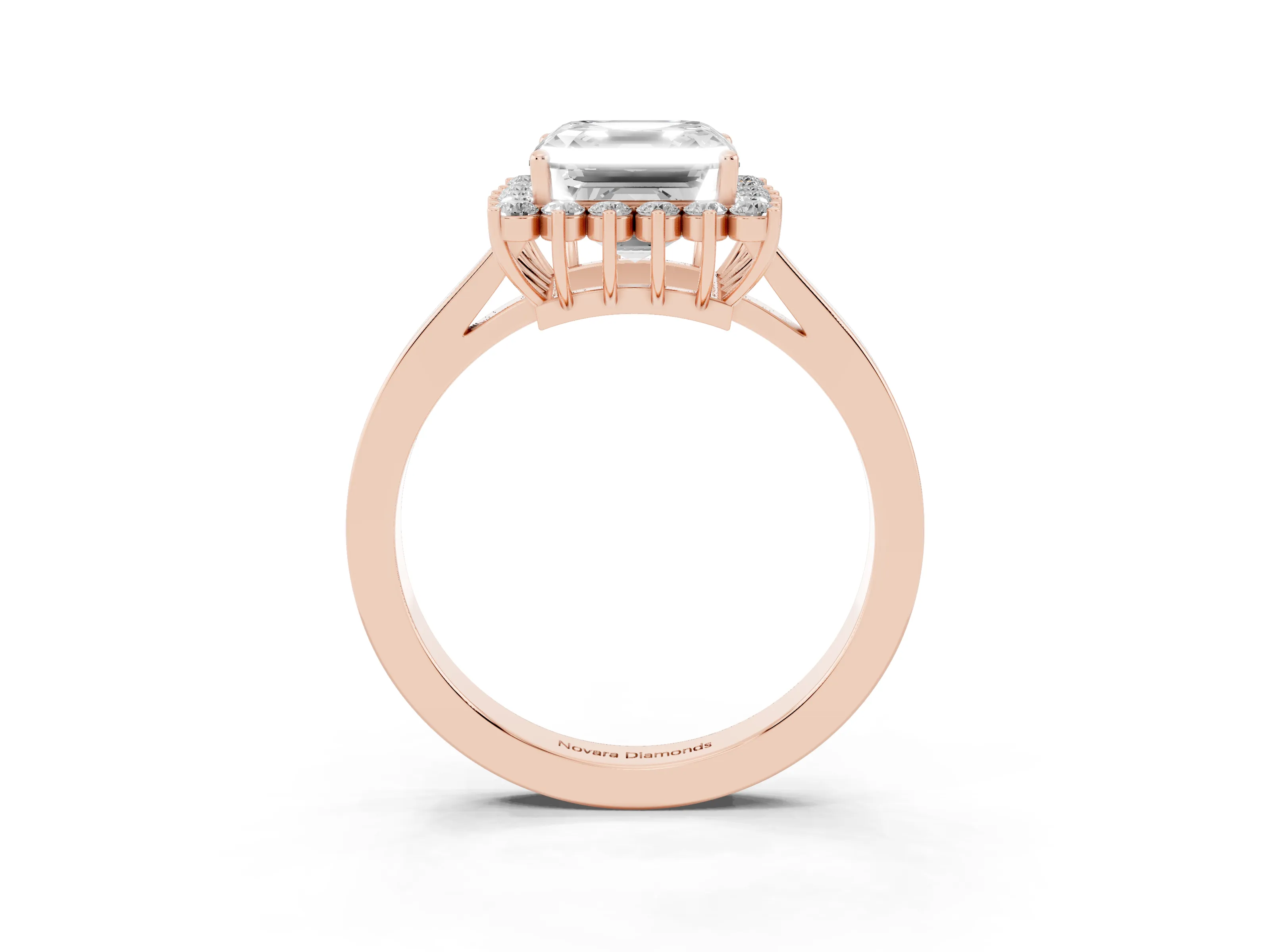 Asscher Cut Diamond Halo Ring Set in Rose gold with Round Halo and Smooth Solitaire Band