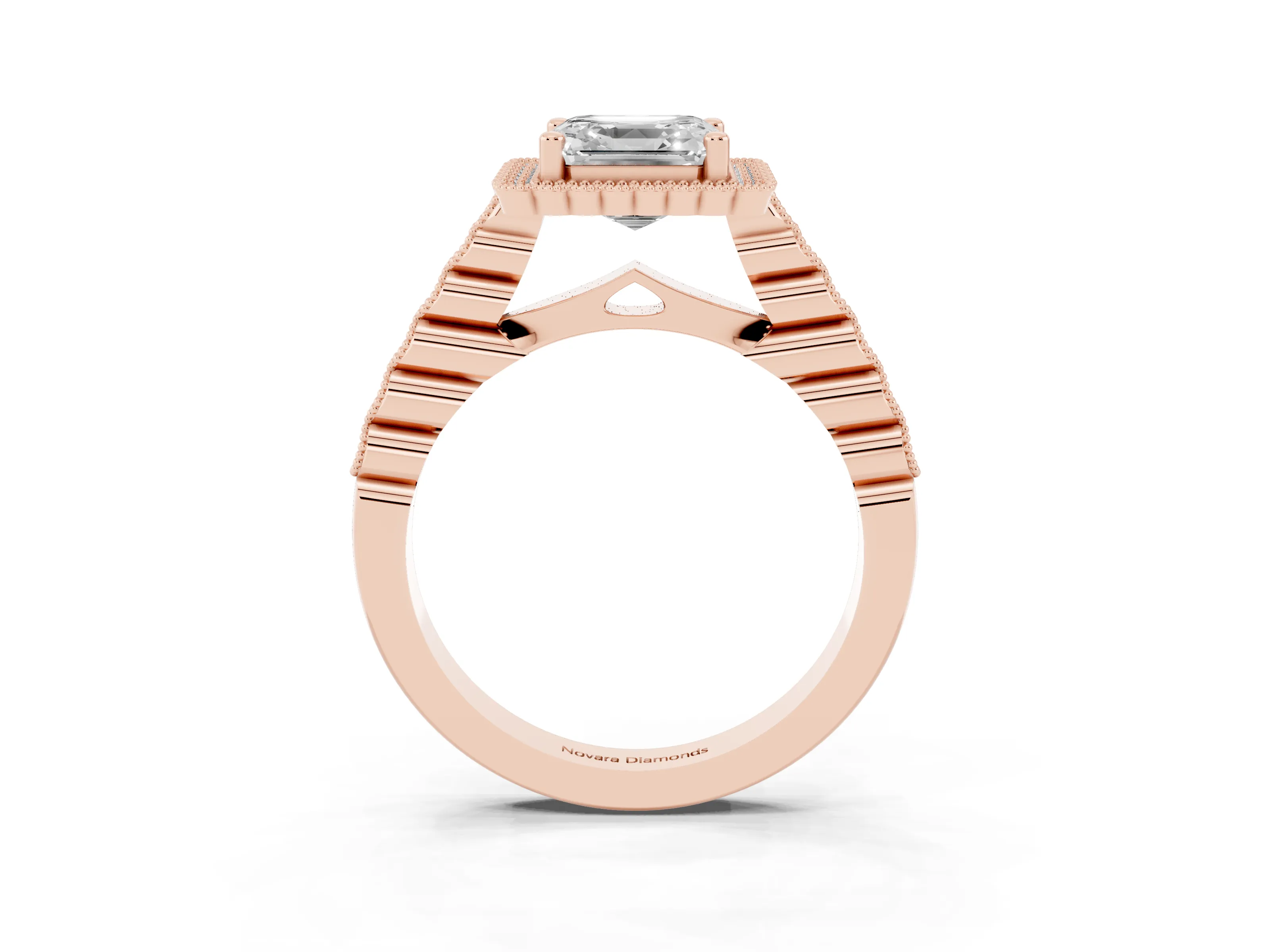 Asscher Cut Diamond Halo Ring Set in Rose gold with Pavé Milgrain Band