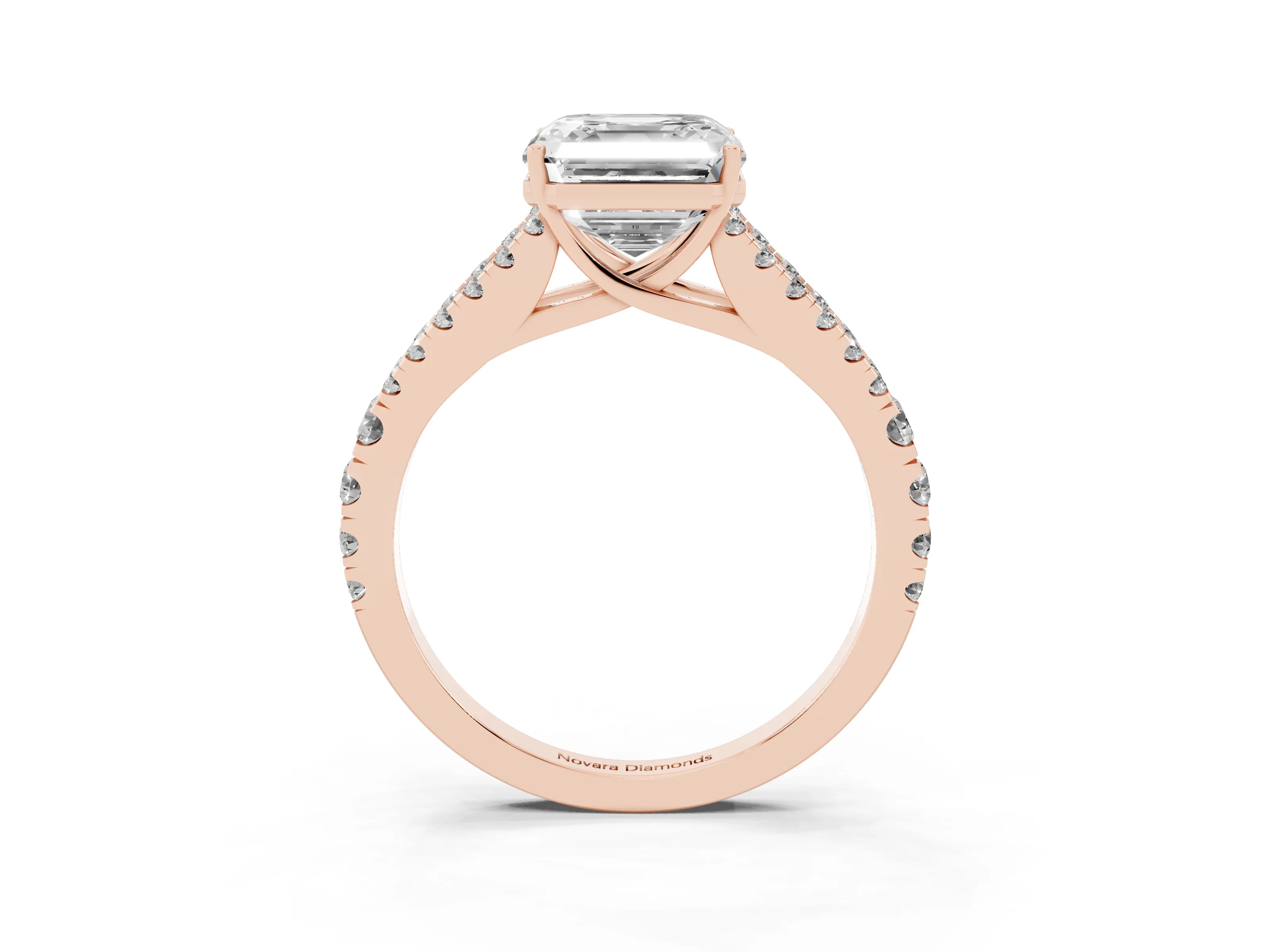 Asscher Cut Diamond Split Shank Engagement Ring Set in Rose gold with Round Pavé and Prong Setting