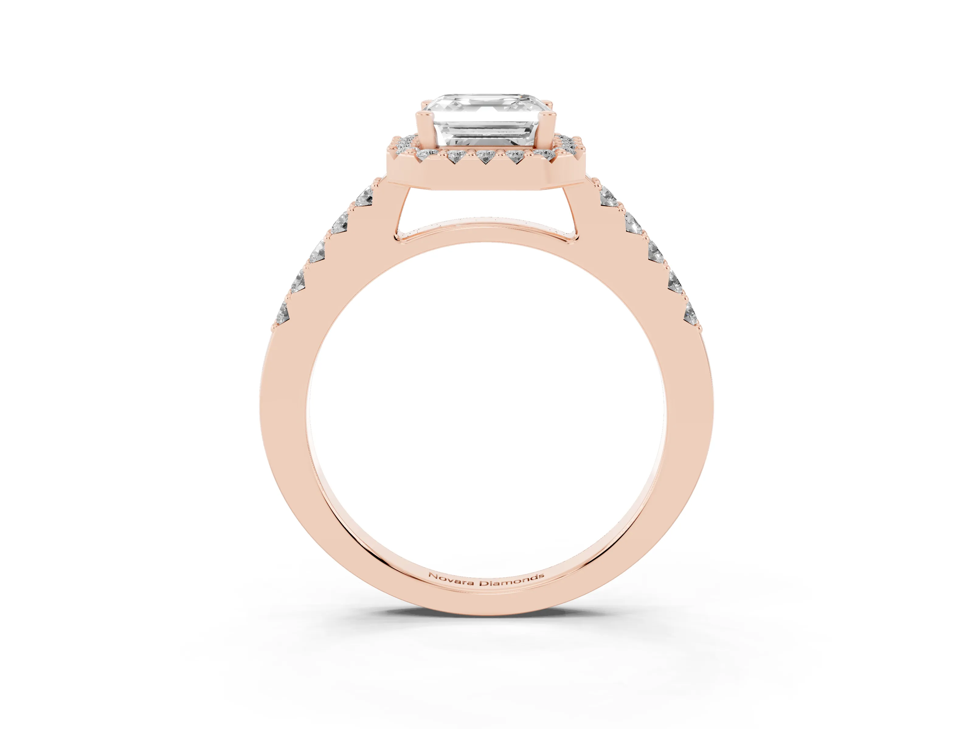 Asscher Cut Diamond Halo Pavé Solitaire Ring Set in Rose gold with Prong-Set Center Stone