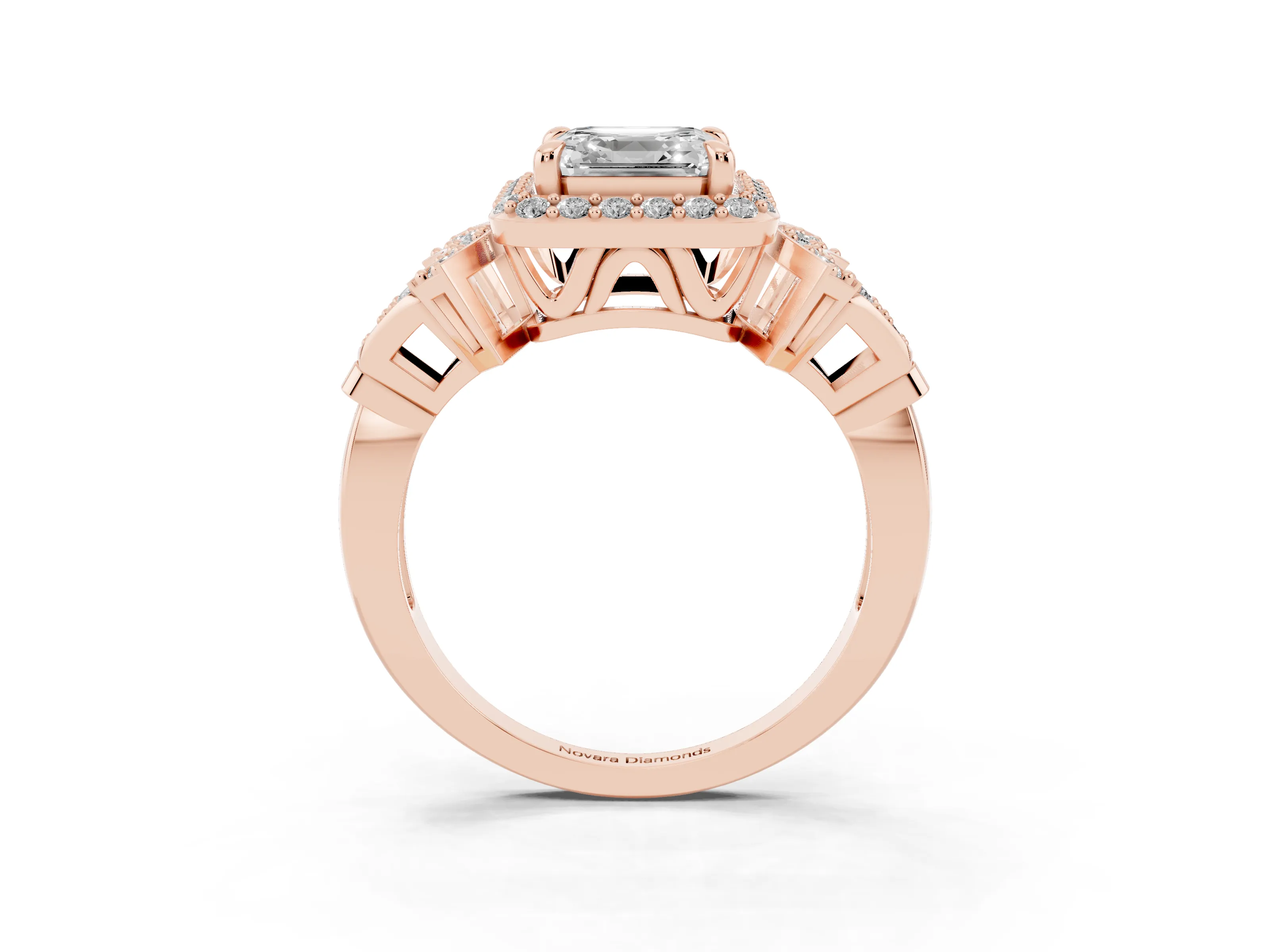 Asscher Cut Diamond Halo Engagement Ring Set in Rose gold with Accent Stone Split Shank