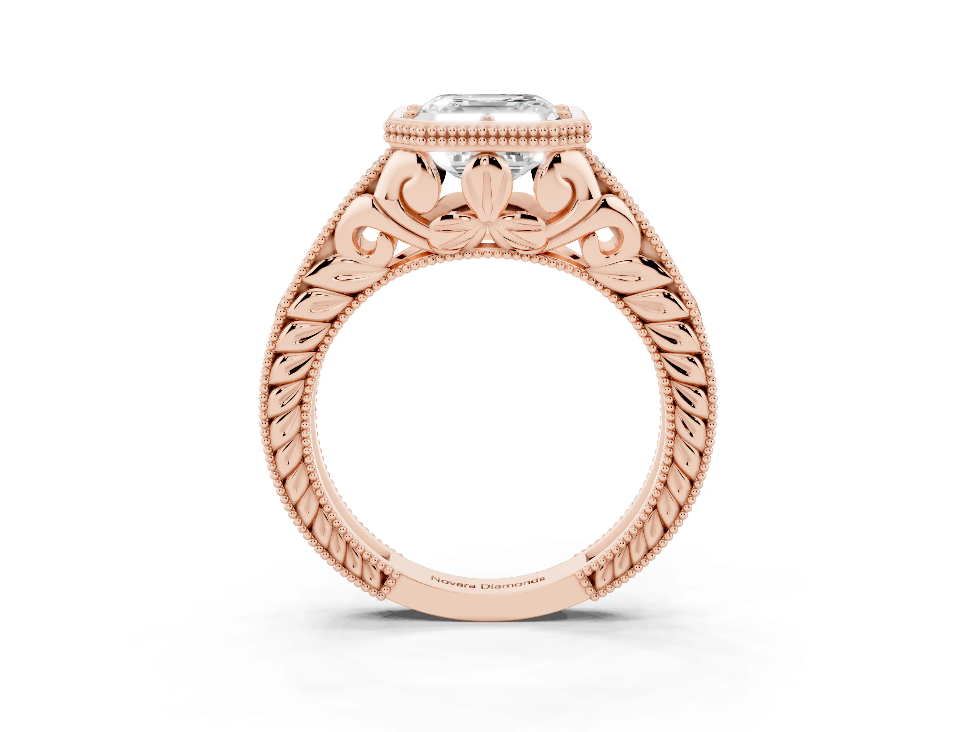 Bezel Set Asscher Cut Diamond Milgrain Pavé Engagement Ring Set in Rose gold