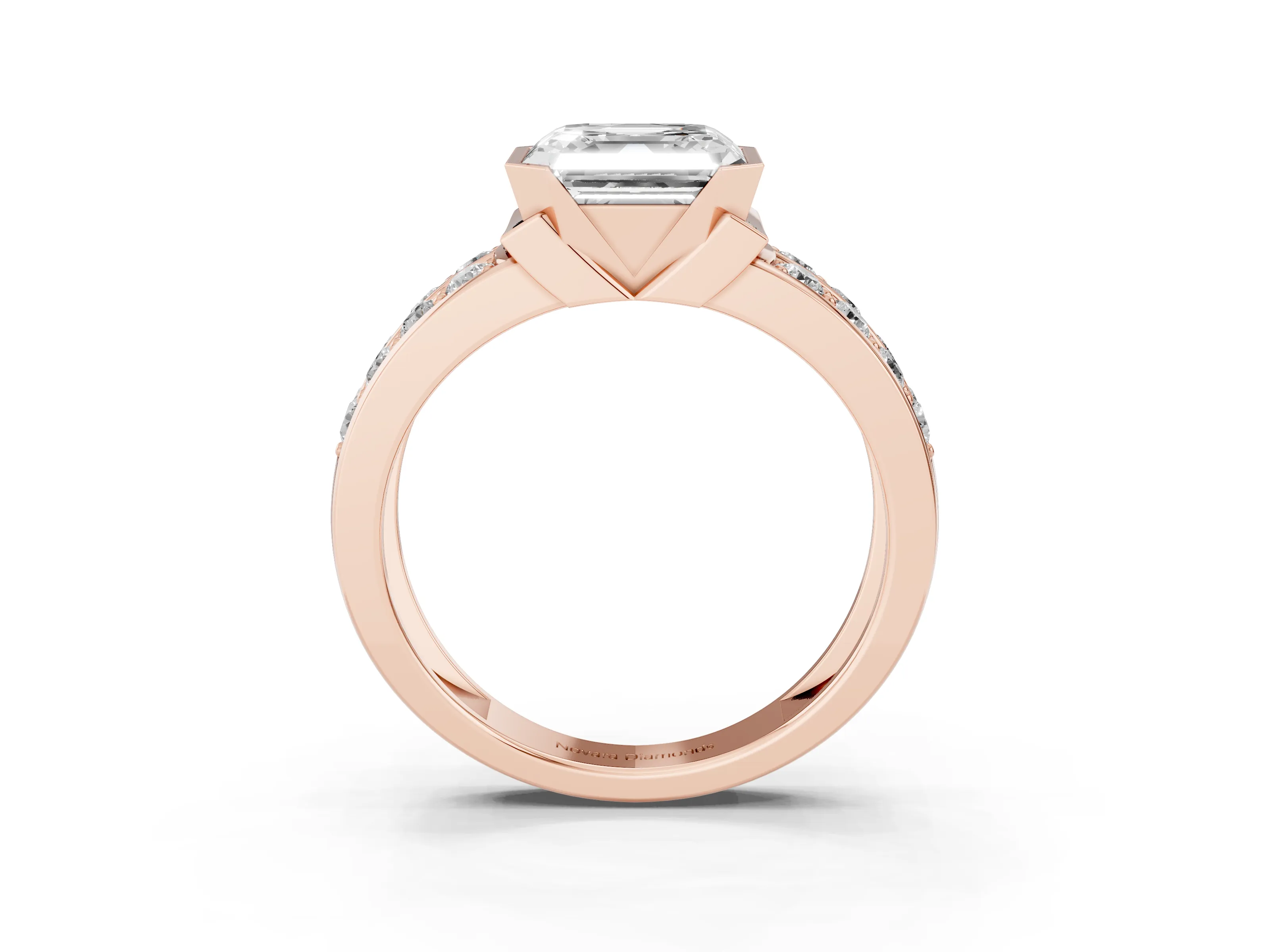 Asscher Cut Diamond Wide Channel Set Band Ring Set in Rose gold with Bezel Setting
