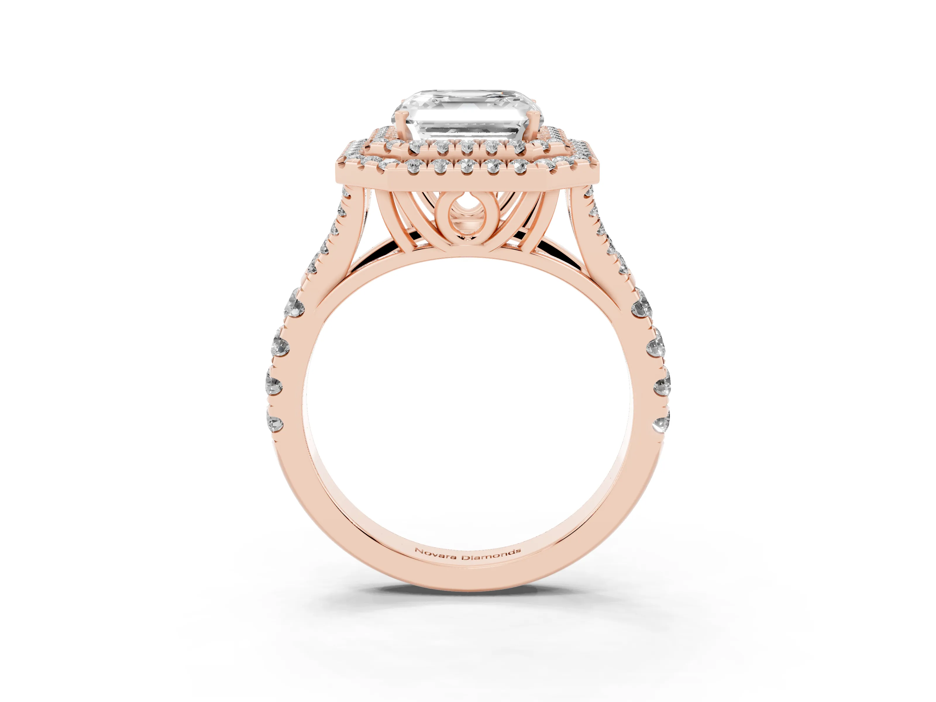 Asscher Cut Diamond Pavé Split Shank Double Halo Engagement Ring Set in Rose gold