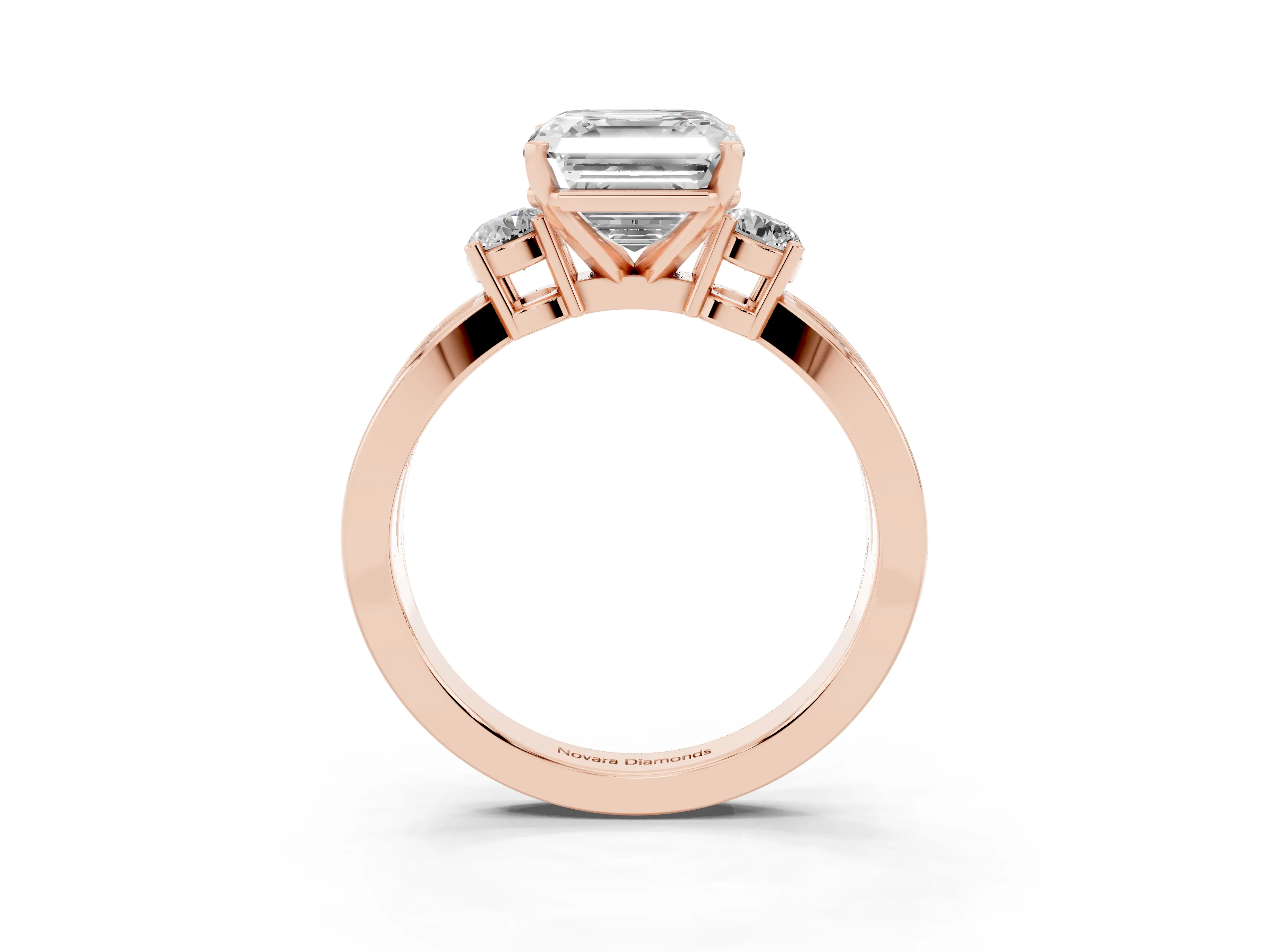 Three-Stone Asscher Cut Diamond Twist Band Ring Set in Rose gold with Pavé Accents and Prong Setting
