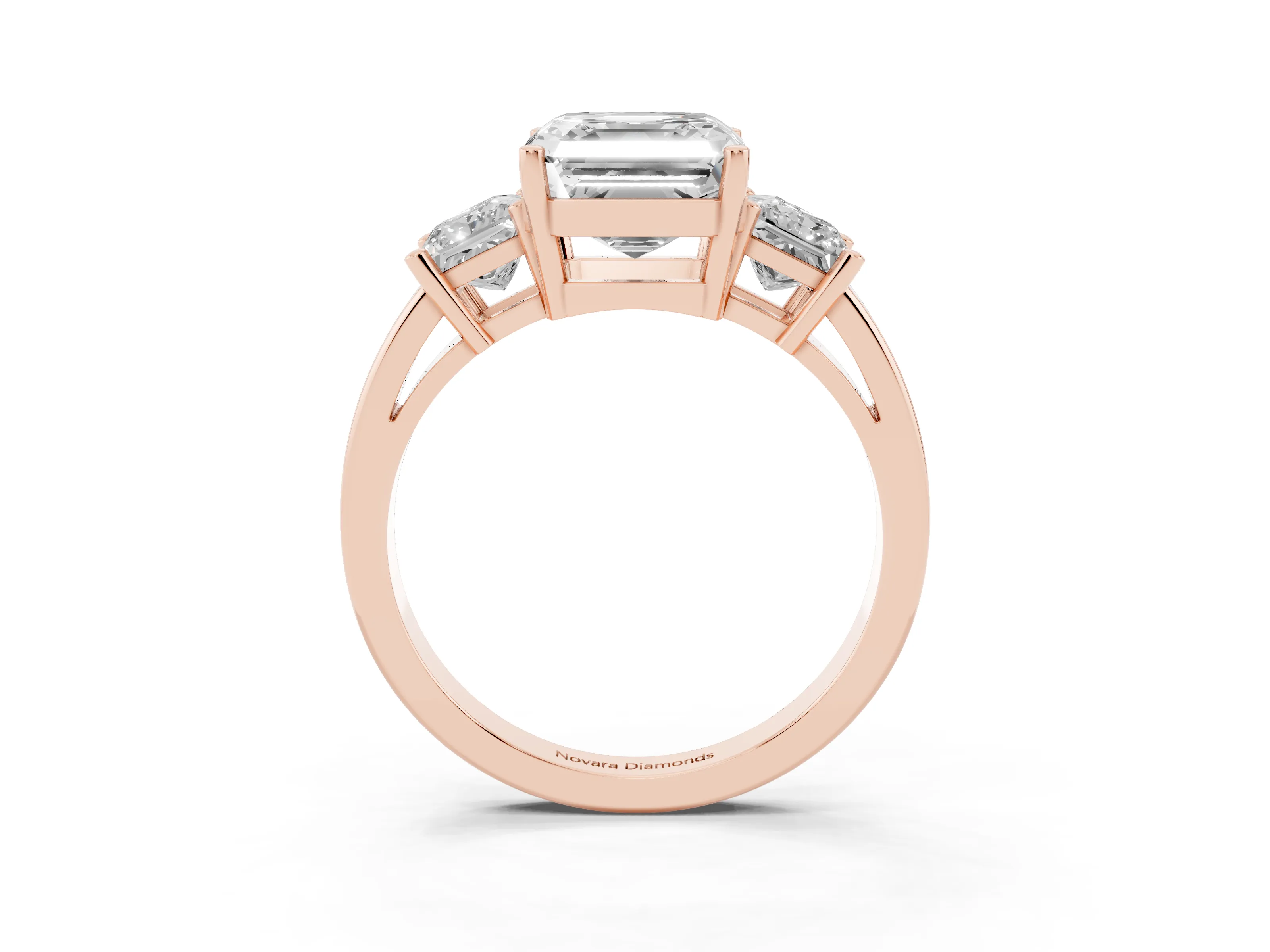 Three-Stone Asscher Cut Diamond Solitaire Ring Set in Rose gold with Prong Setting