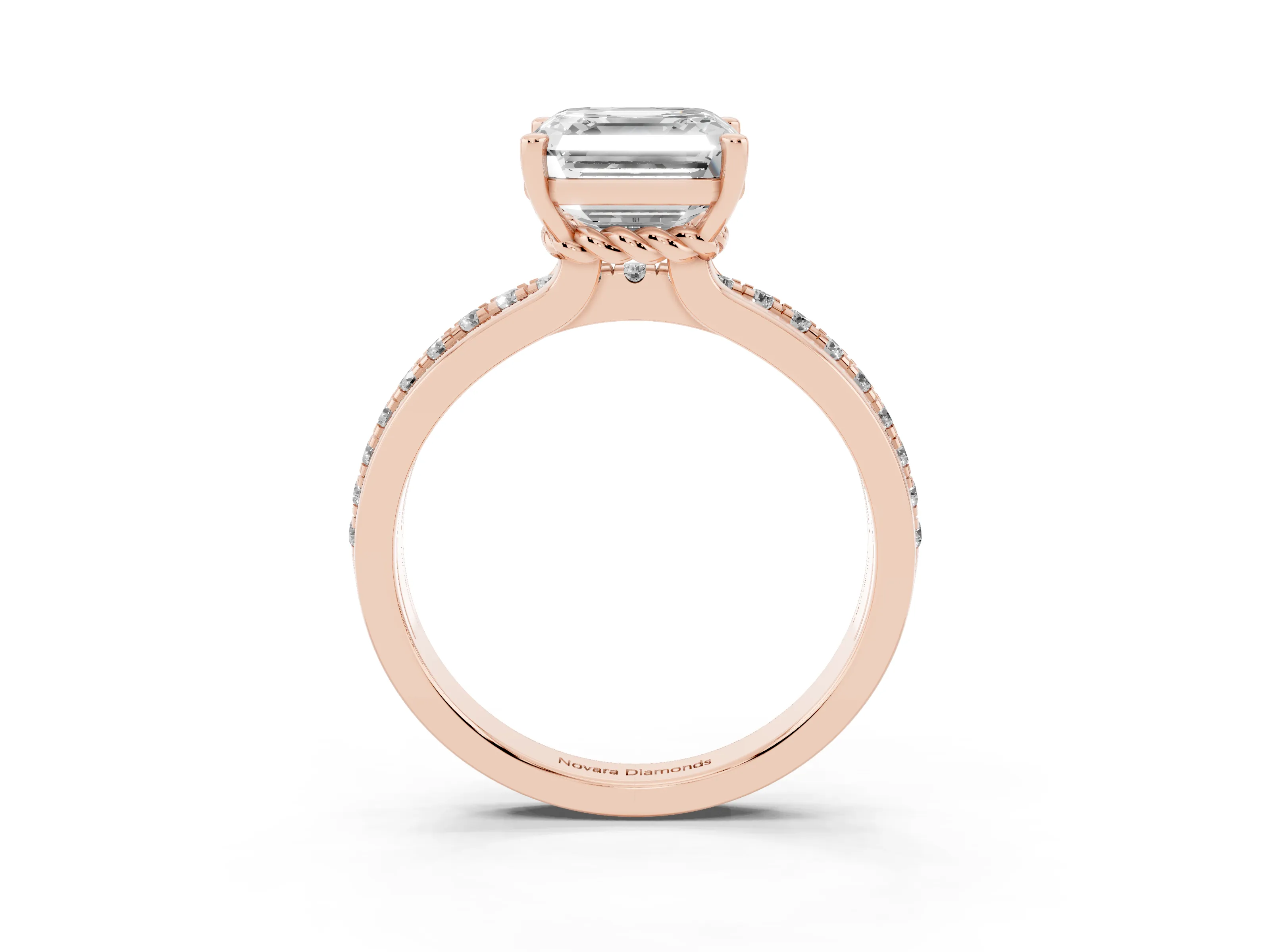 Asscher Cut Diamond Solitaire Ring Set in Rose gold with Channel Set Band and Prong Setting