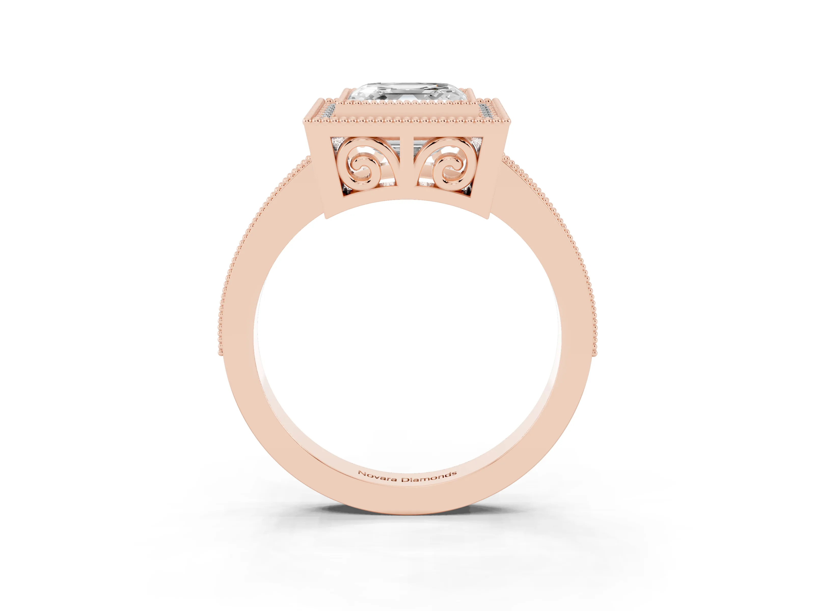 Asscher Cut Diamond Round Halo Ring Set in Rose gold with Pavé Band