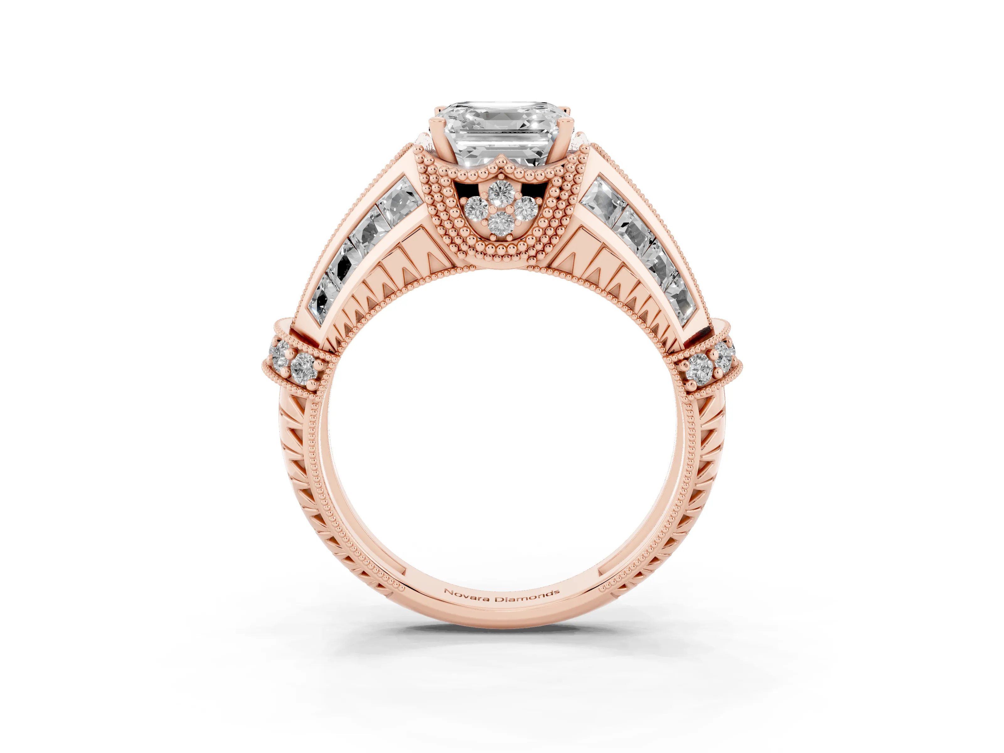 Asscher Cut Diamond Vintage-Inspired Milgrain Ring Set in Rose gold with Accent Split Shank