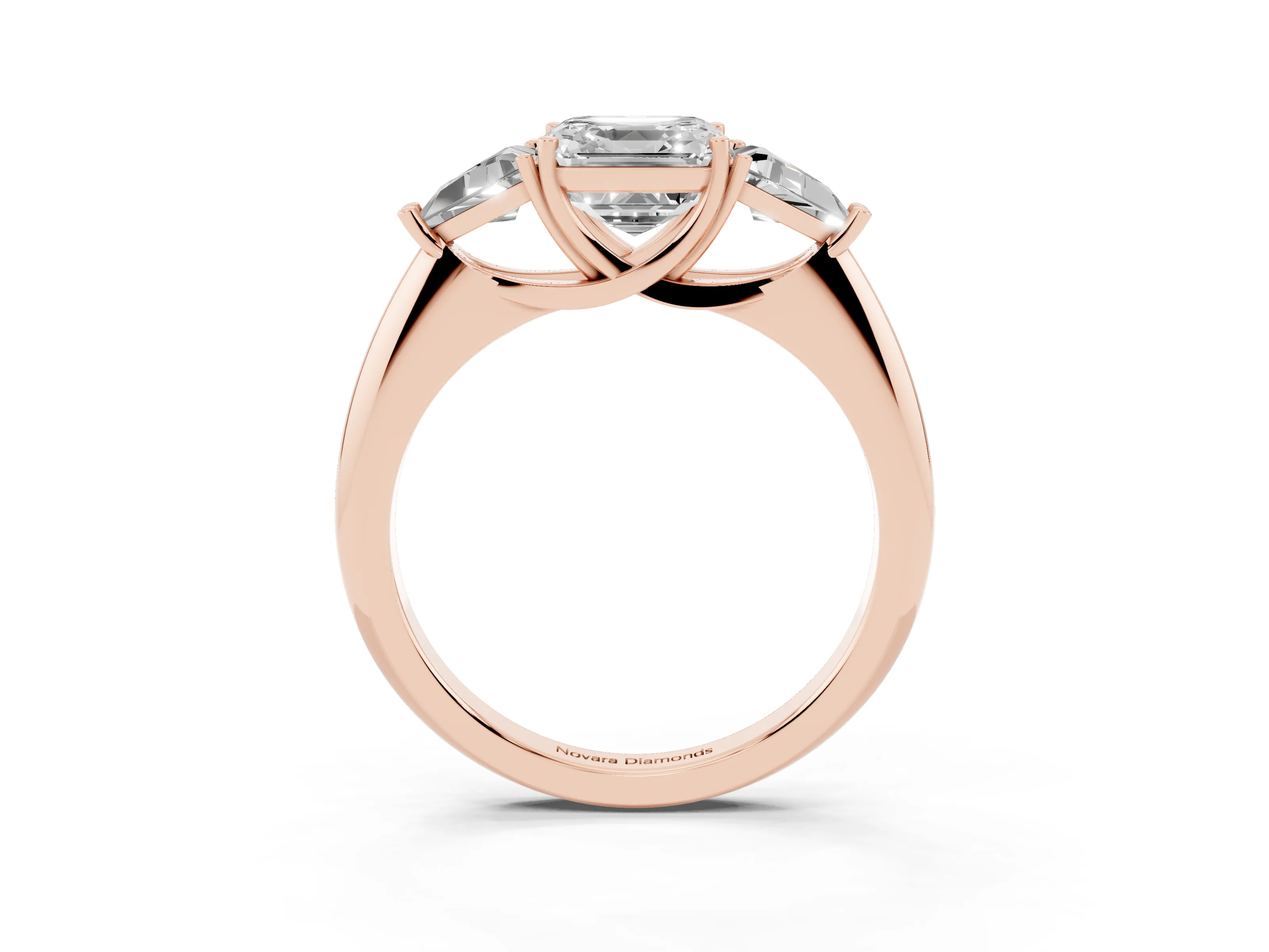 Asscher Cut Diamond Three-Stone Engagement Ring Set in Rose gold with Trillion Side Stones