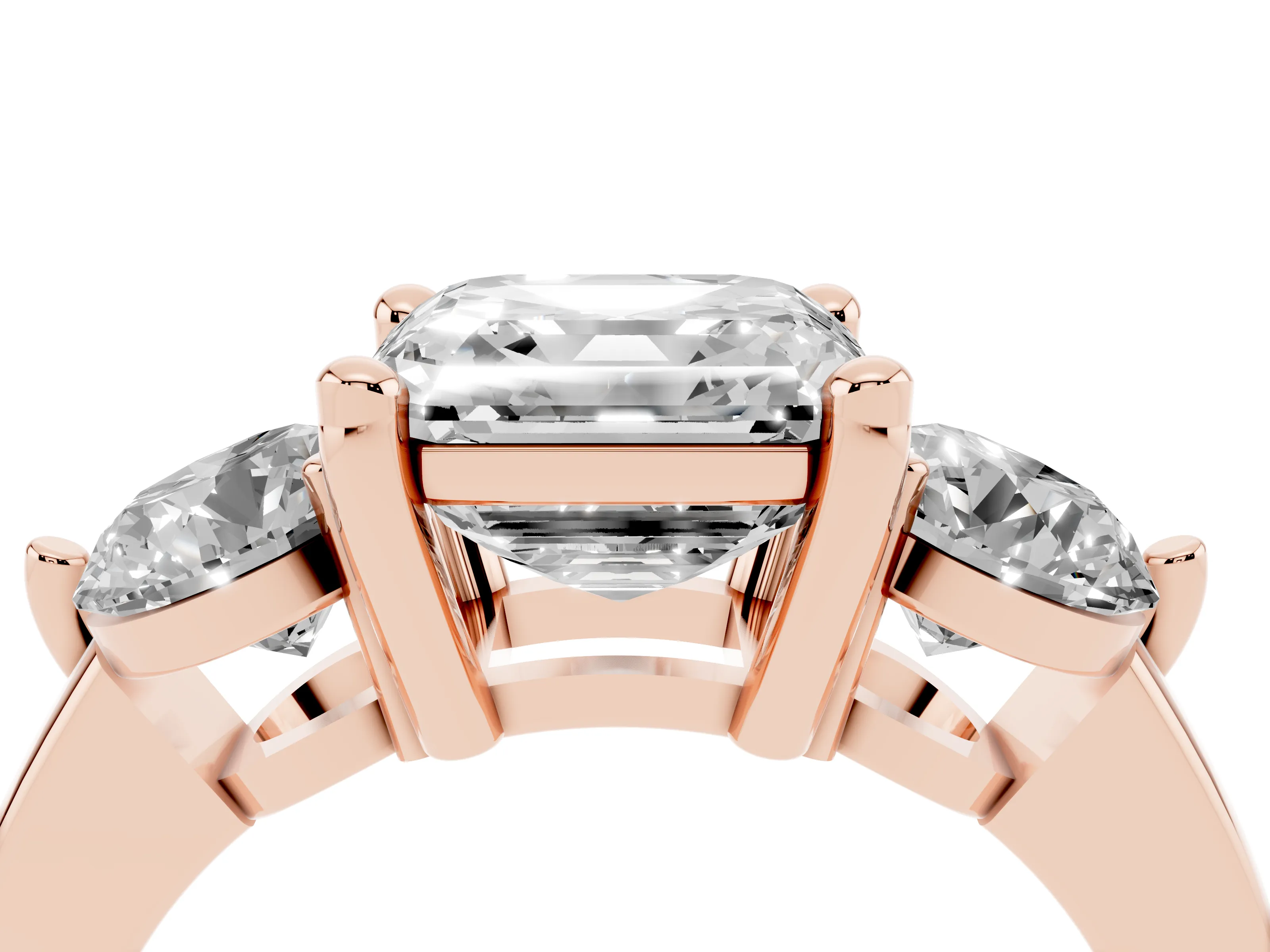 Asscher Cut Diamond Three-Stone Ring Set in Rose gold with Prong Setting and Classic Band