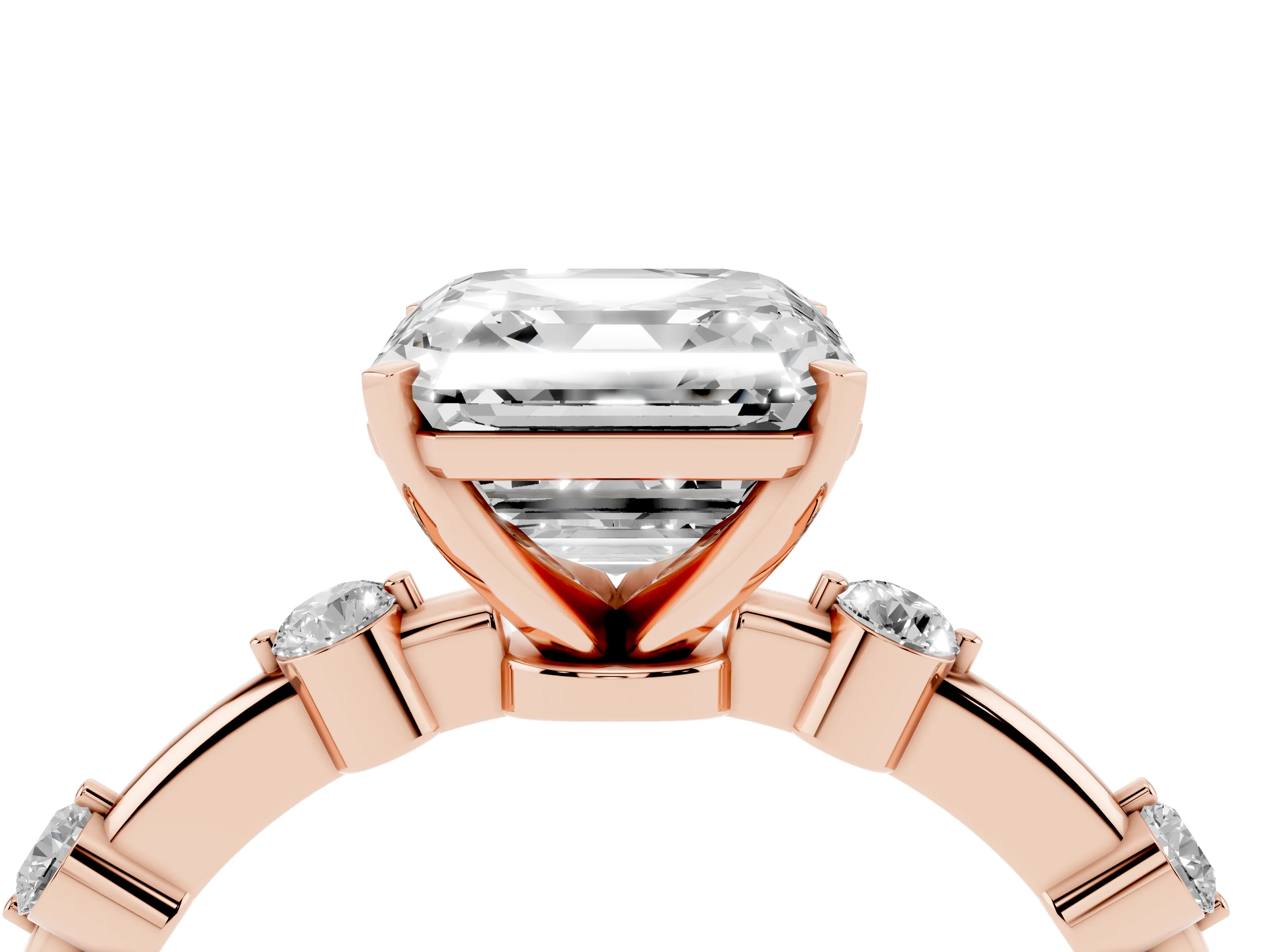 Asscher Cut Diamond Solitaire Ring Set in Rose gold with Bezel Set Side Stones and Prong Setting