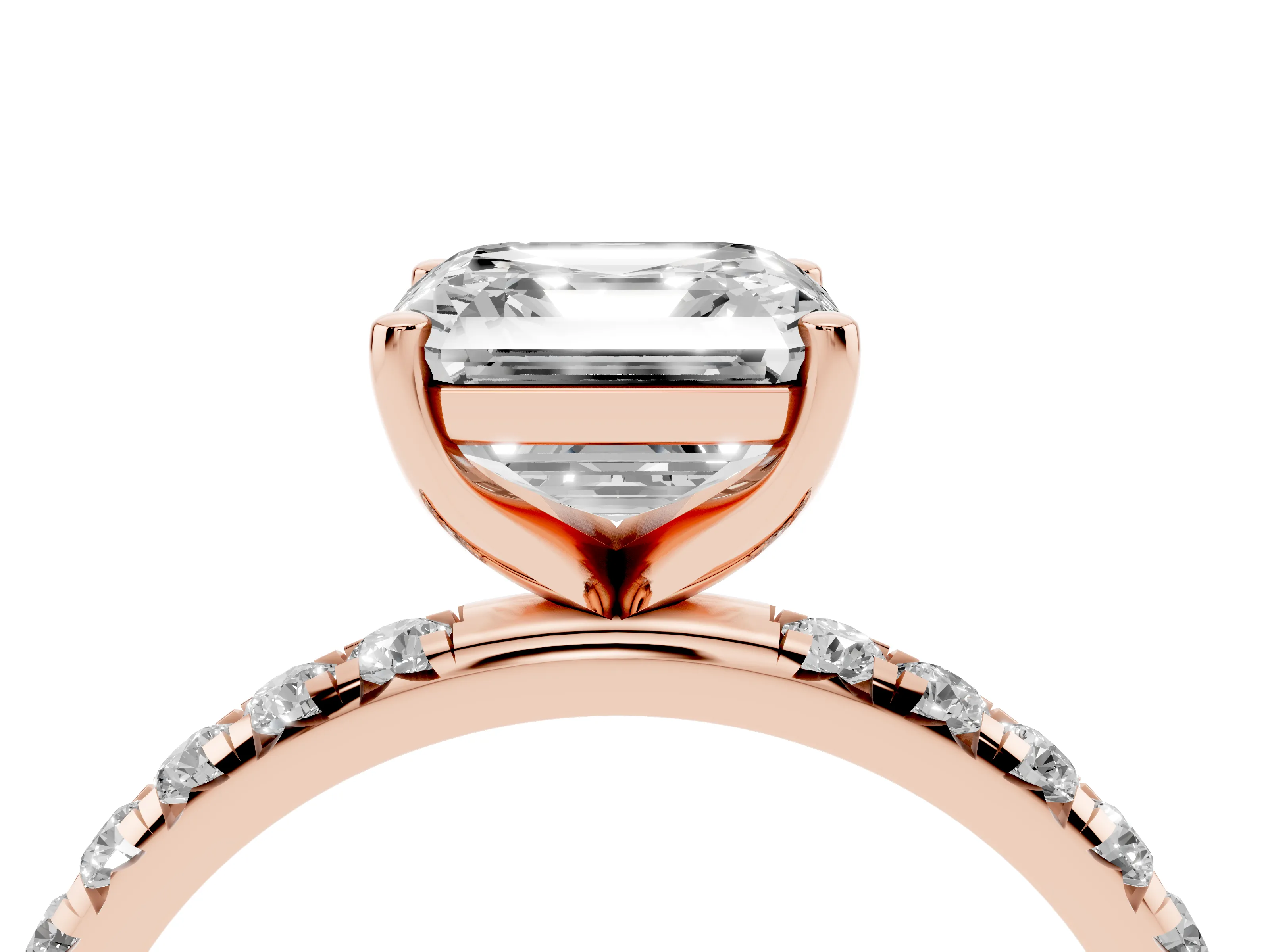 Asscher Cut Diamond Solitaire Ring Set in Rose gold with Micro Pavé Band and Prong Setting