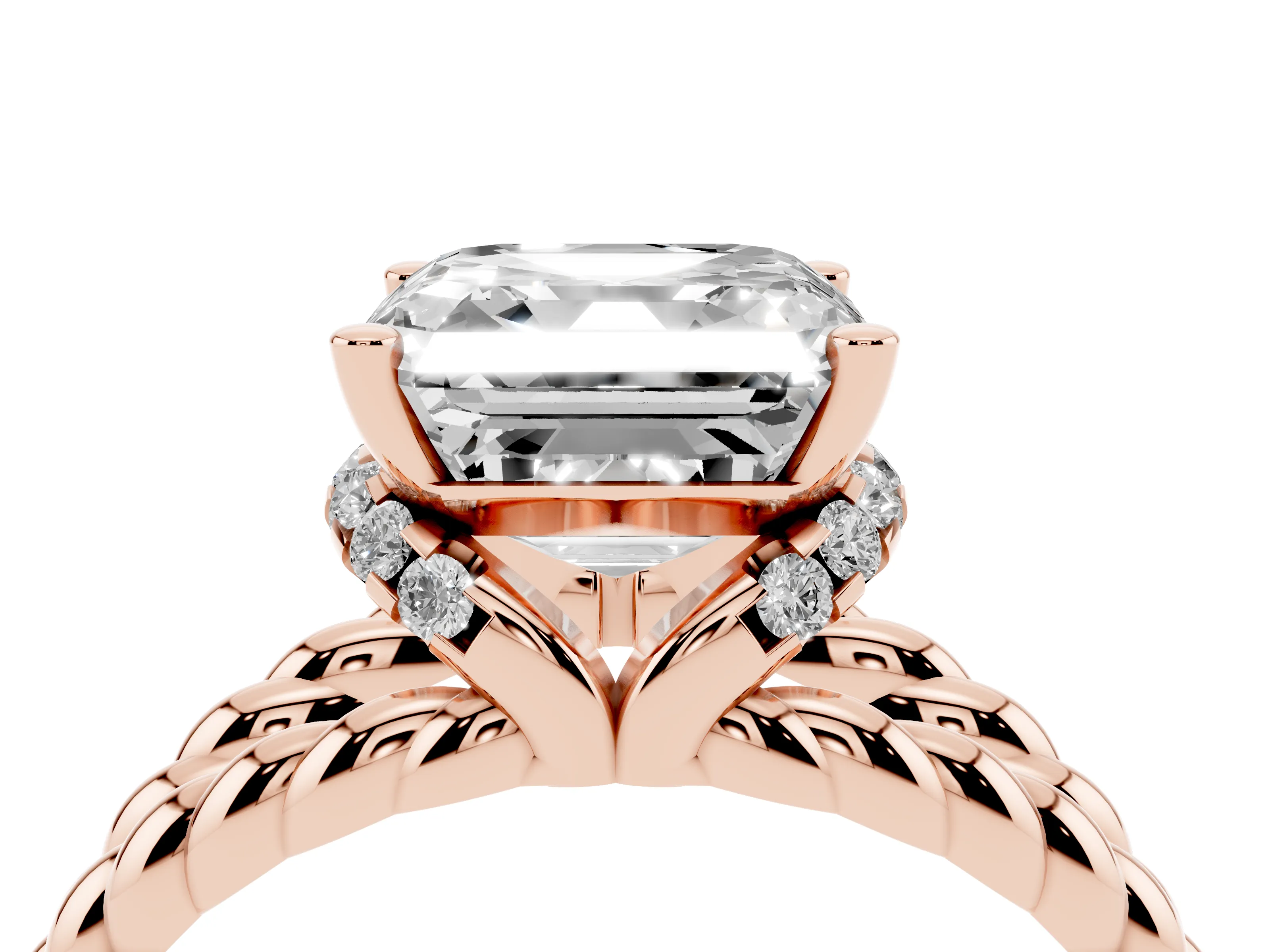 Asscher Cut Diamond Halo Ring Set in Rose gold with Twisted Band and Prong Setting