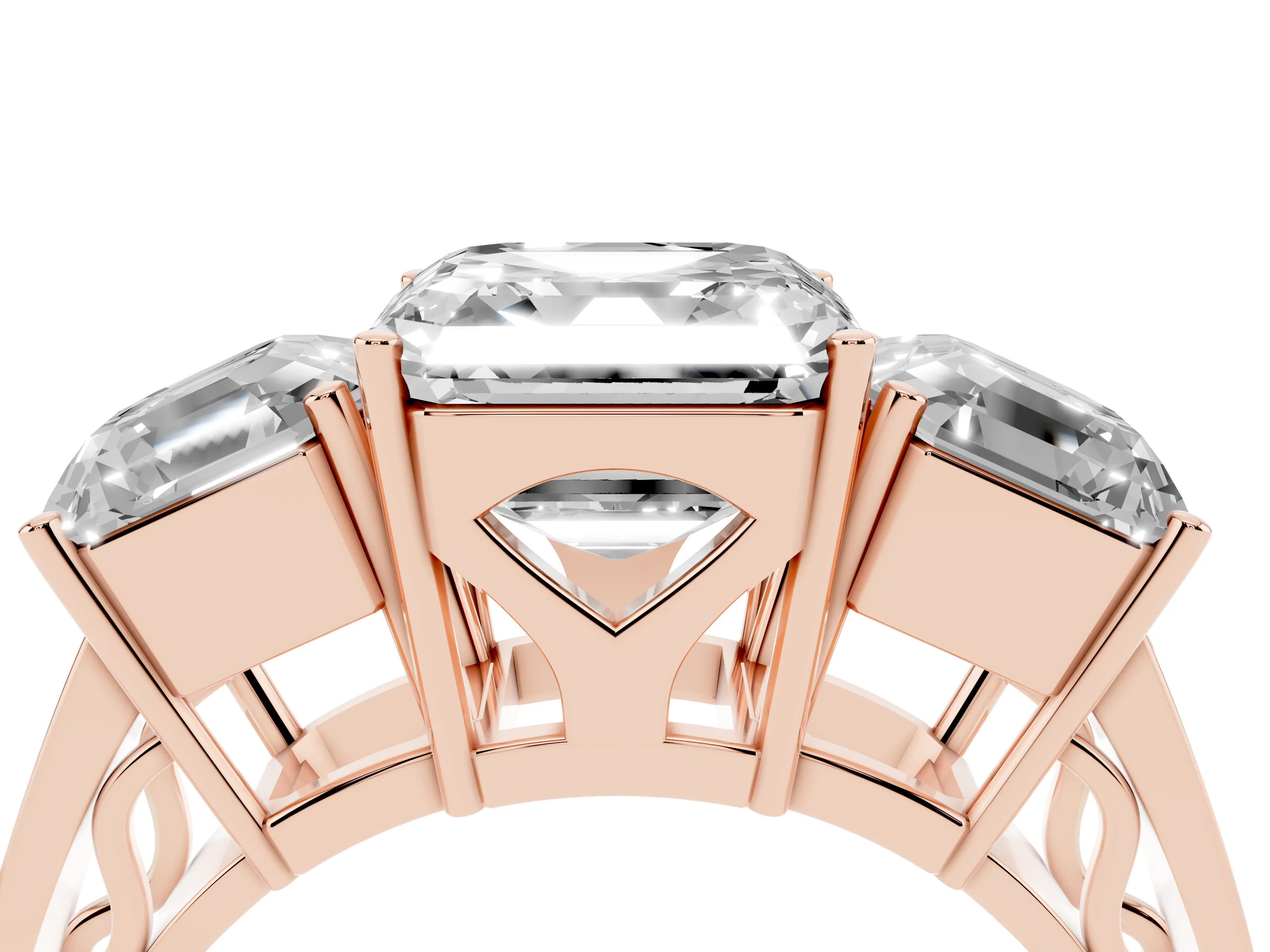 Asscher Cut Diamond Three-Stone Ring Set in Rose gold with Textured Band
