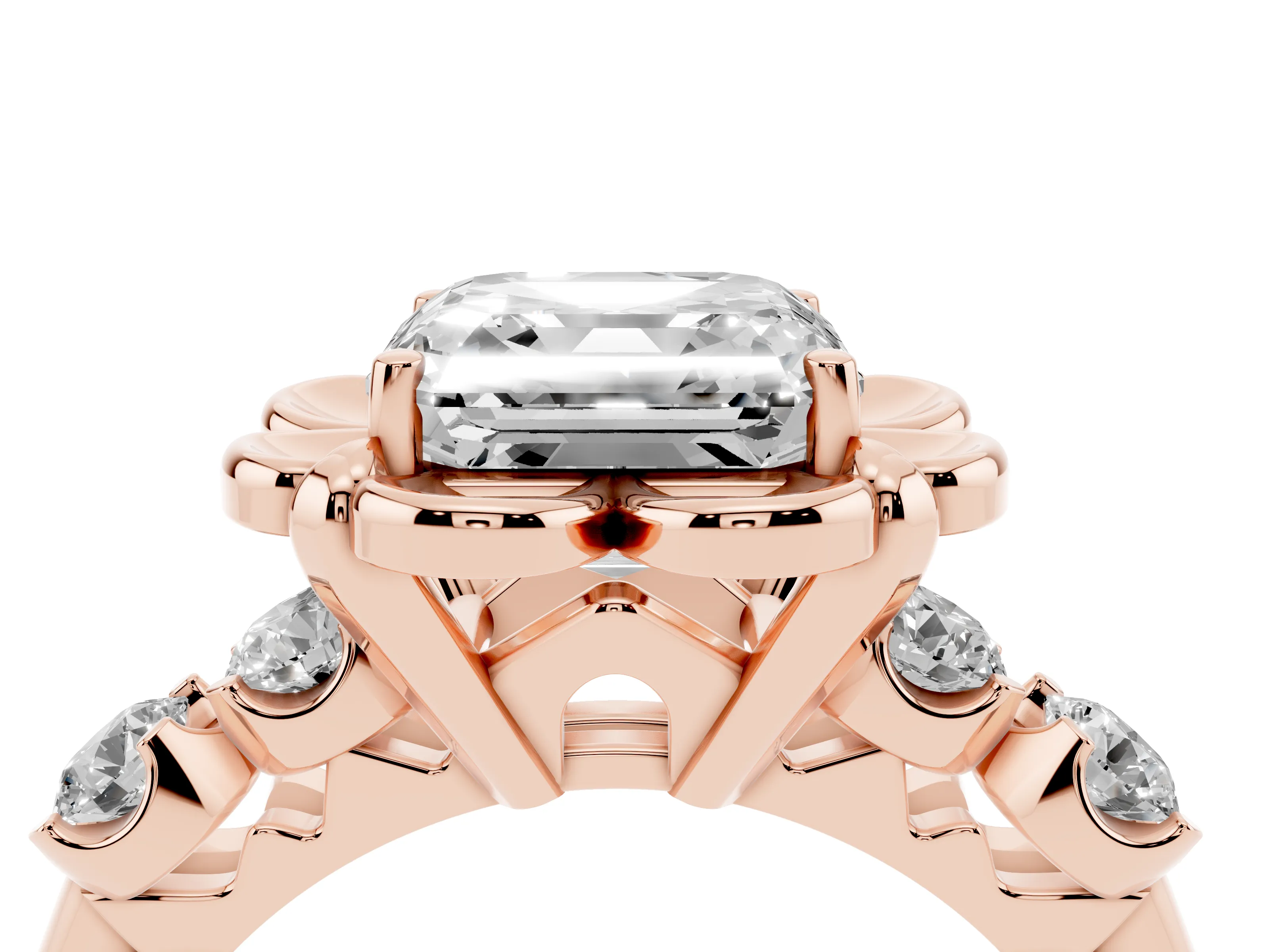 Asscher Cut Diamond Floral Halo Ring Set in Rose gold with Shared Prong Band