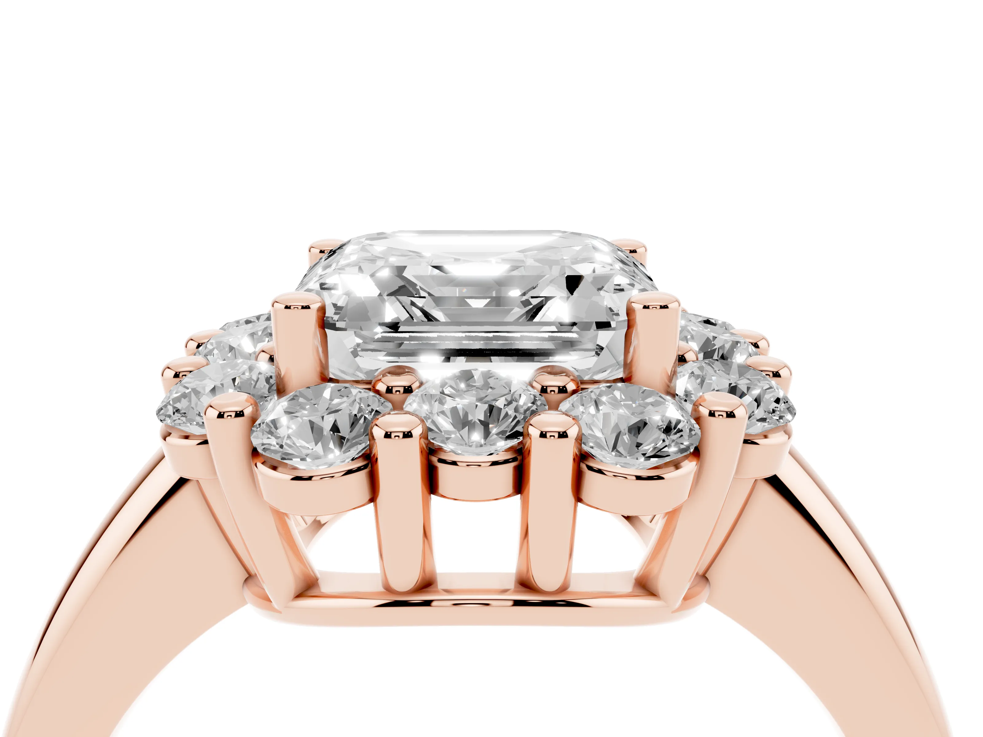 Asscher Cut Diamond Halo Cluster Engagement Ring Set in Rose gold with Polished Band and Prong Setting