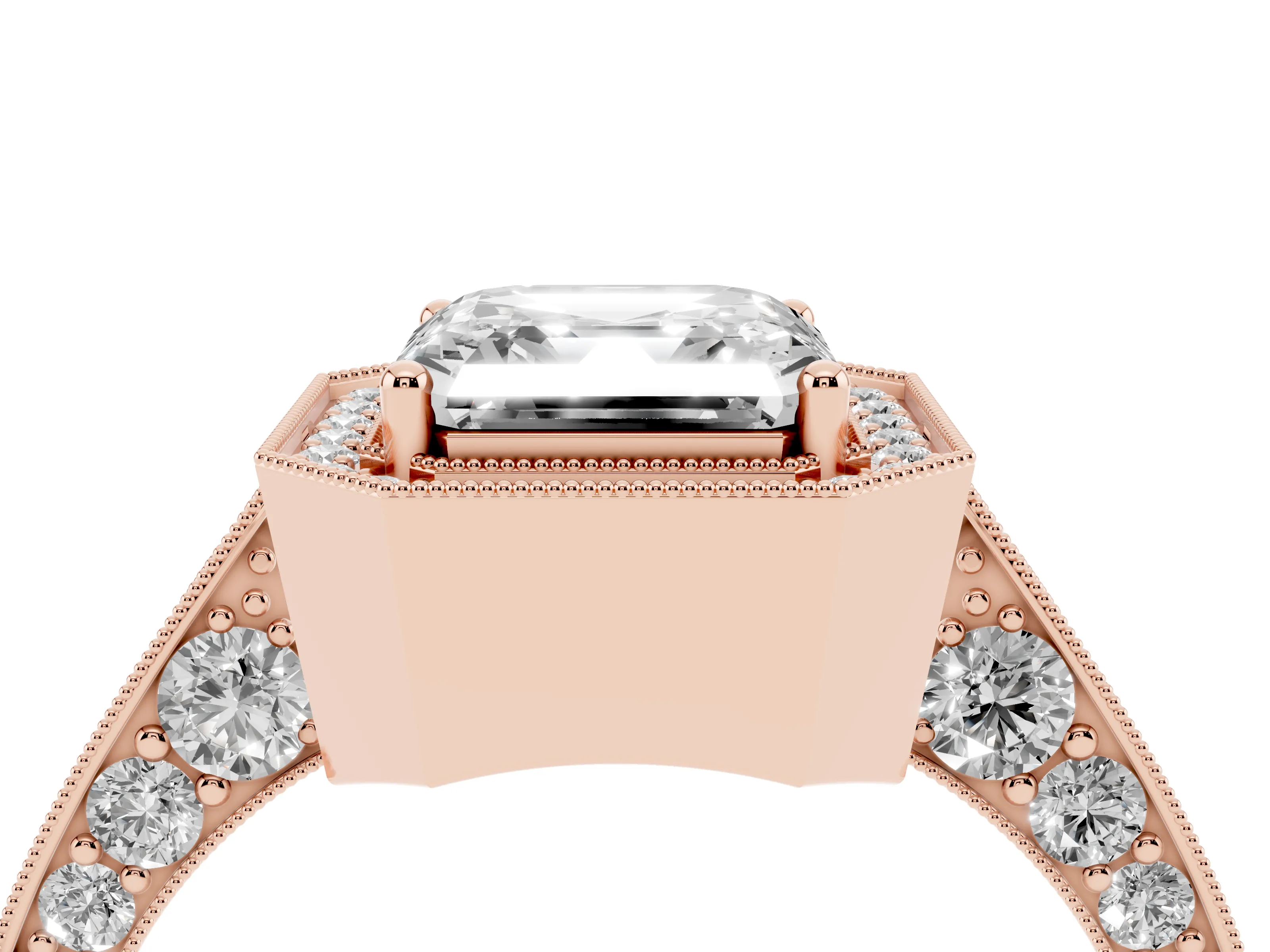 Asscher Cut Diamond Halo Engagement Ring Set in Rose gold with Accent Split Shank Band