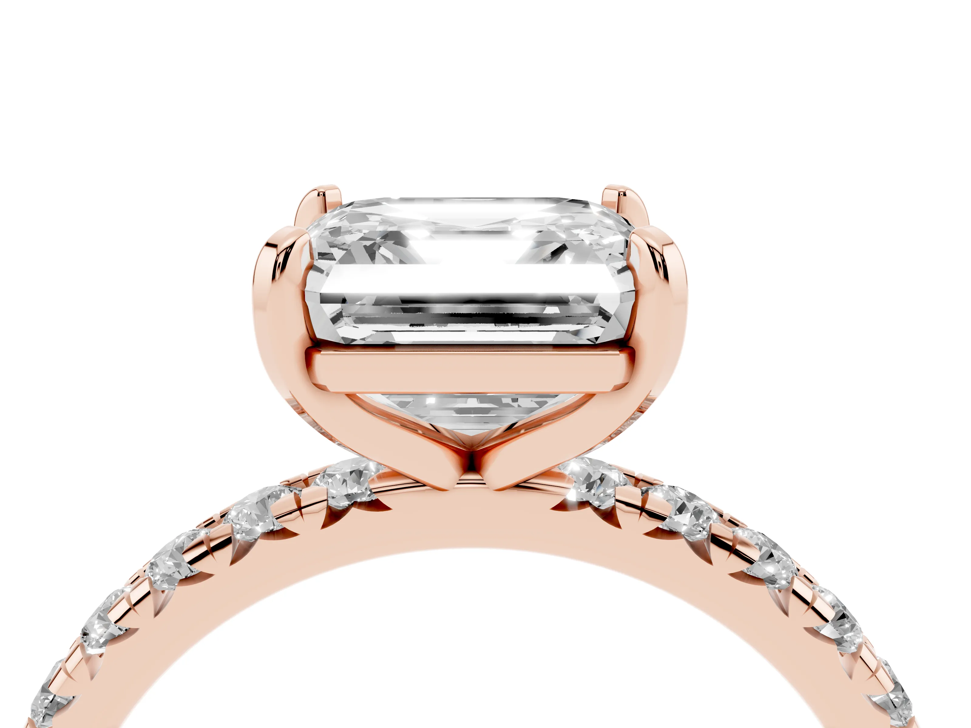 Asscher Cut Diamond Pavé Solitaire Ring Set in Rose gold with Round Band and Prong Setting