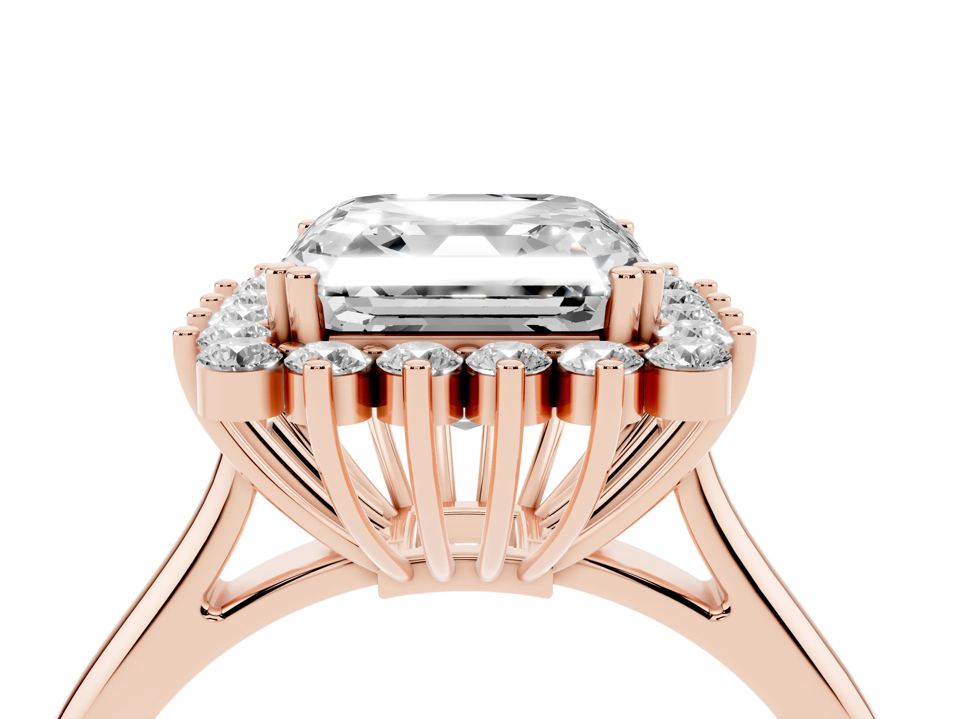 Asscher Cut Diamond Halo Ring Set in Rose gold with Plain Solitaire Band and Prong Setting