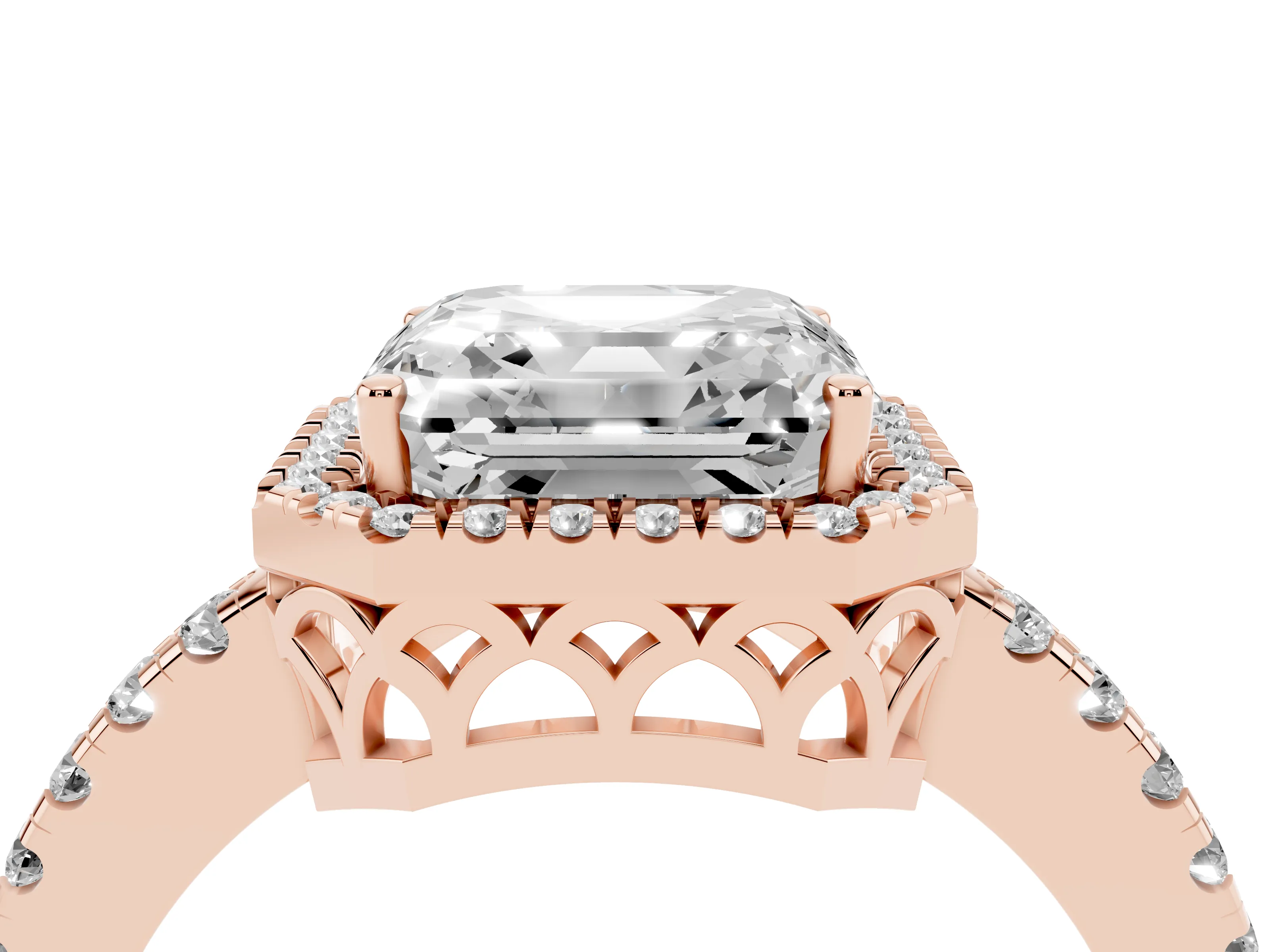 Asscher Cut Diamond Pavé Band Halo Engagement Ring Set in Rose gold with Prong Setting