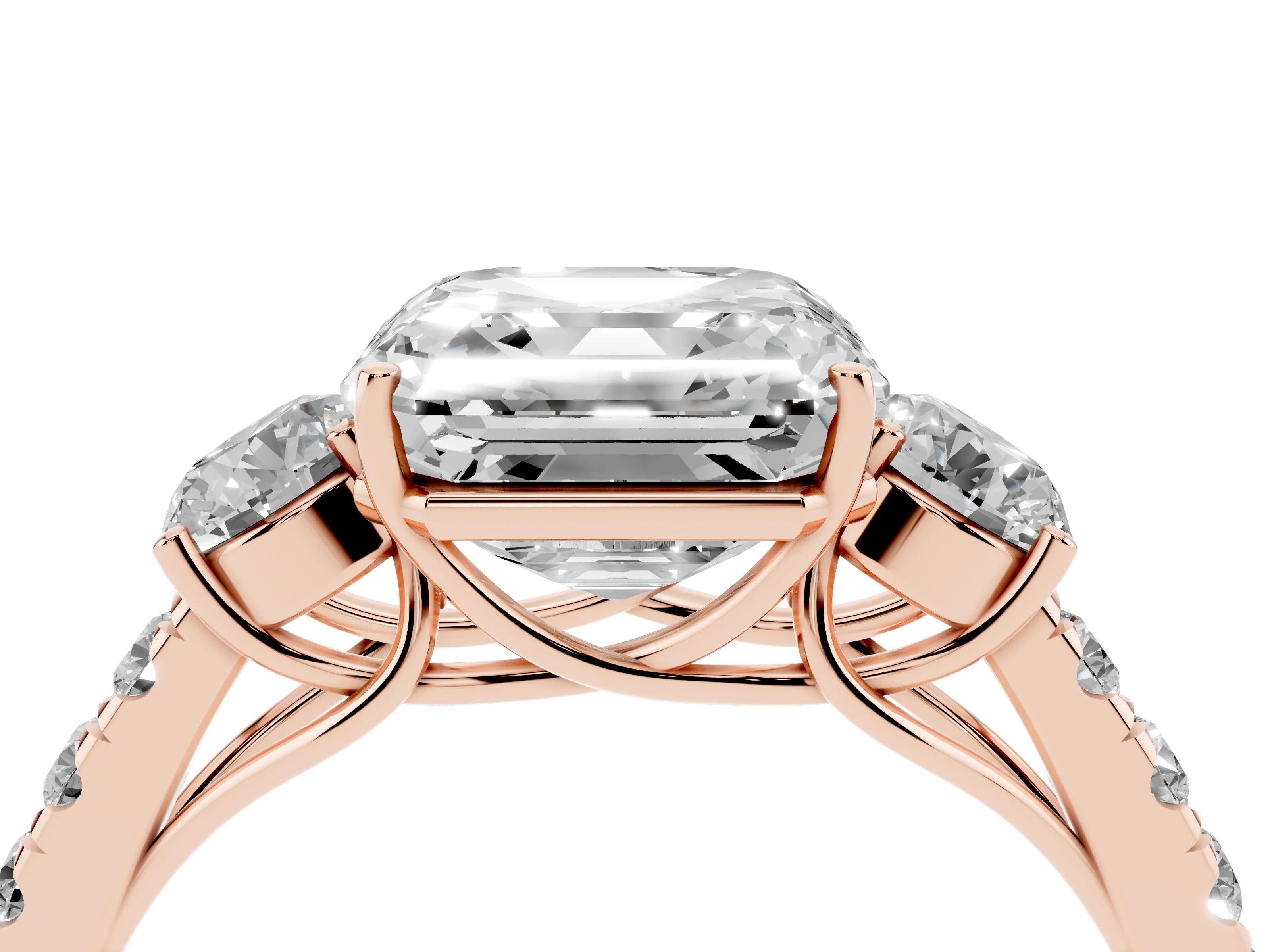 Asscher Cut Diamond Three-Stone Ring Set in Rose gold with Round Side Stones and Delicate Pavé Band