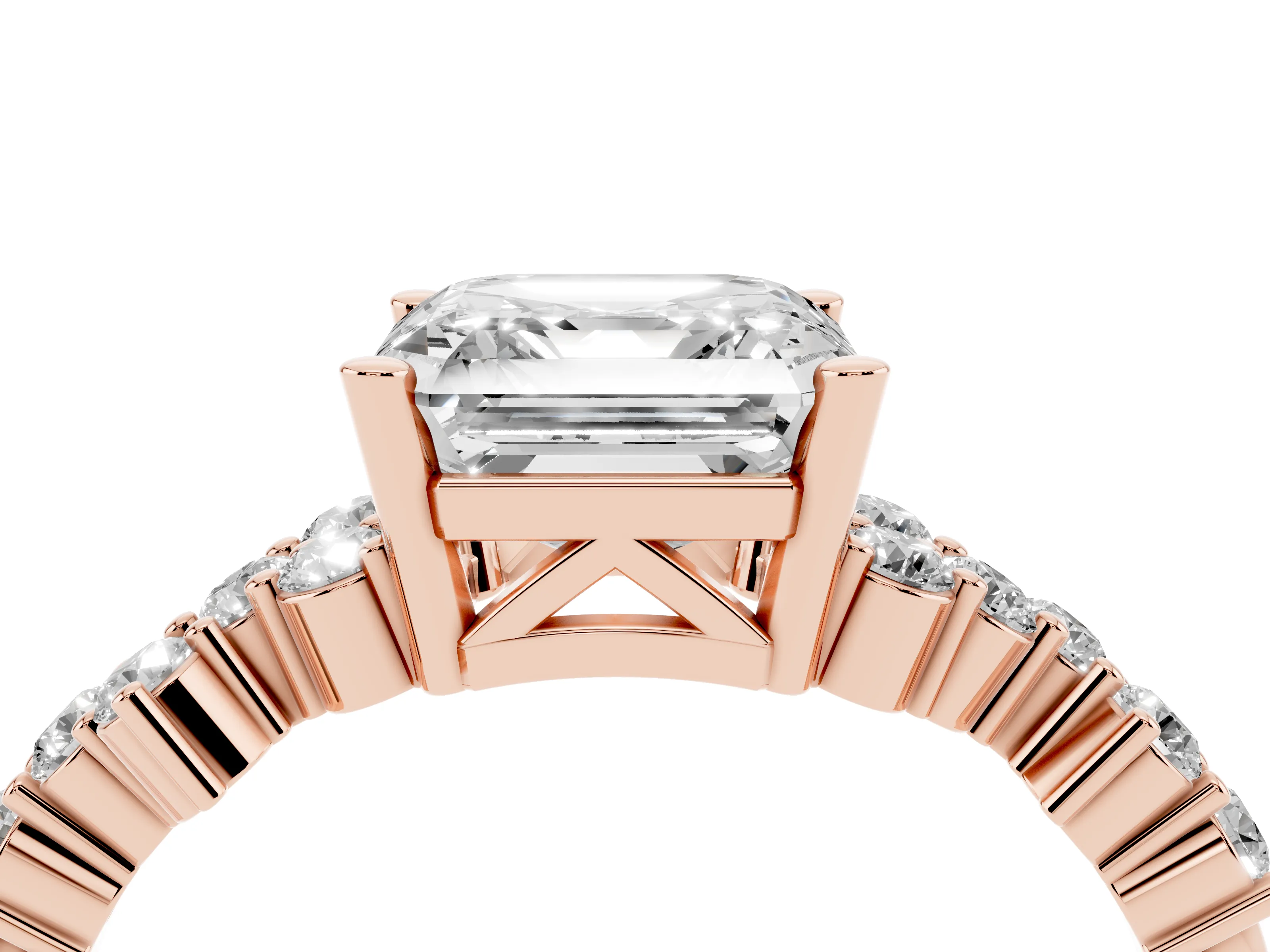 Asscher Cut Diamond Ring Set in Rose gold with Scattered Round Accents