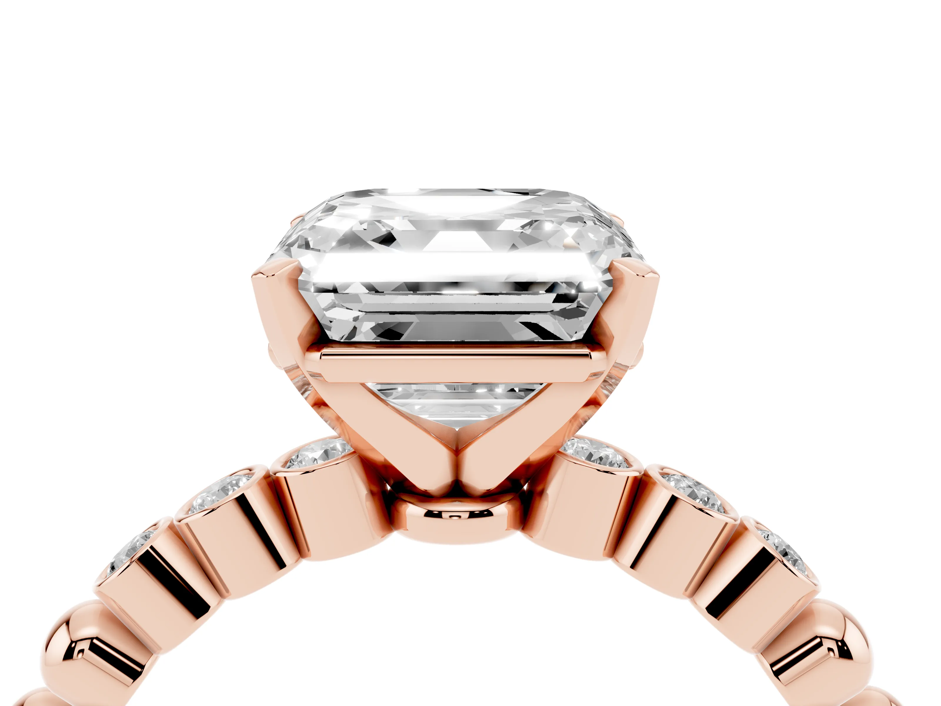 Asscher Cut Diamond Solitaire Engagement Ring Set in Rose gold with Bezel Accents on Beaded Band