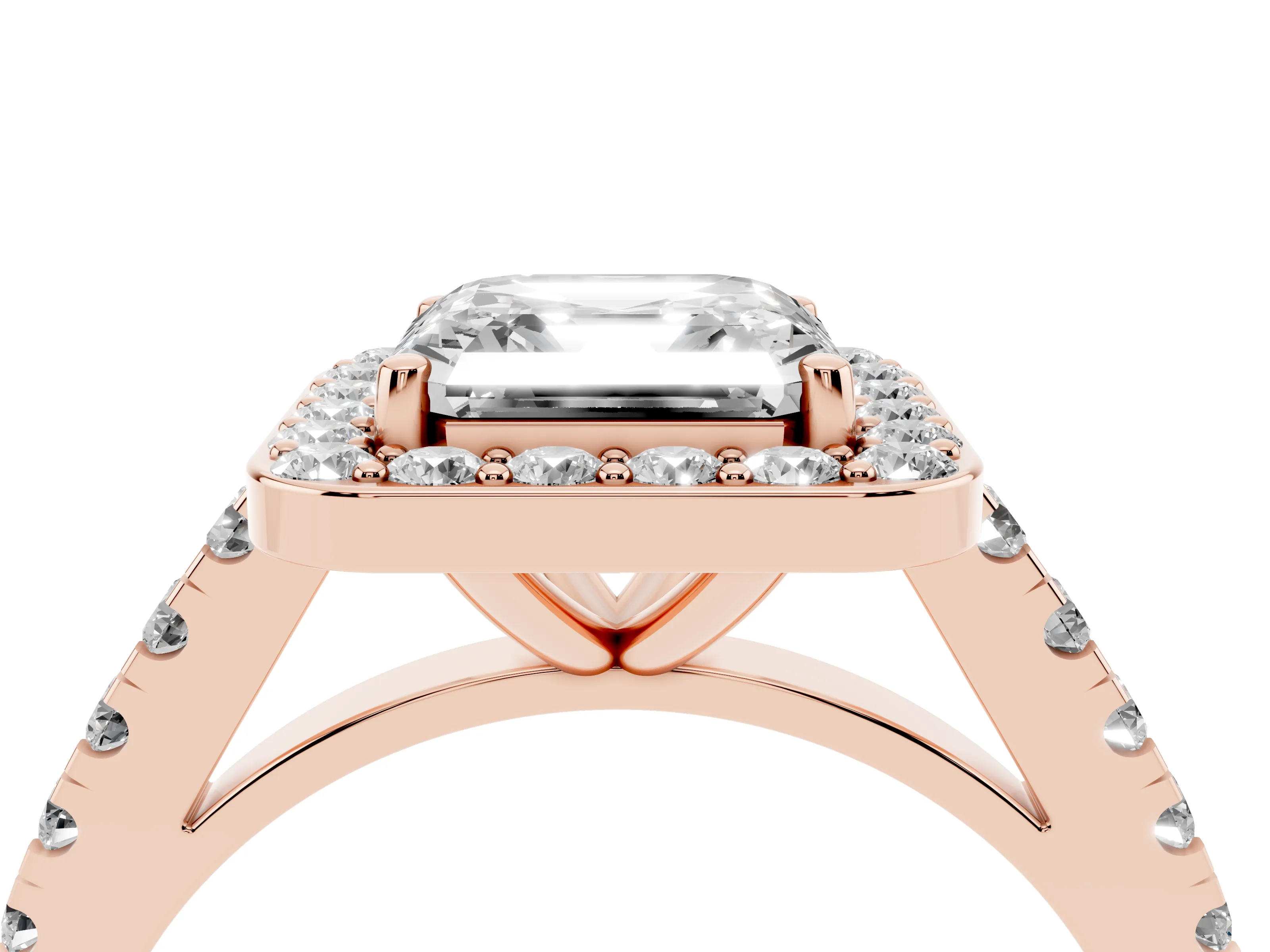 Asscher Cut Diamond Halo Ring Set in Rose gold with Round Pavé Split Shank and Prong Setting