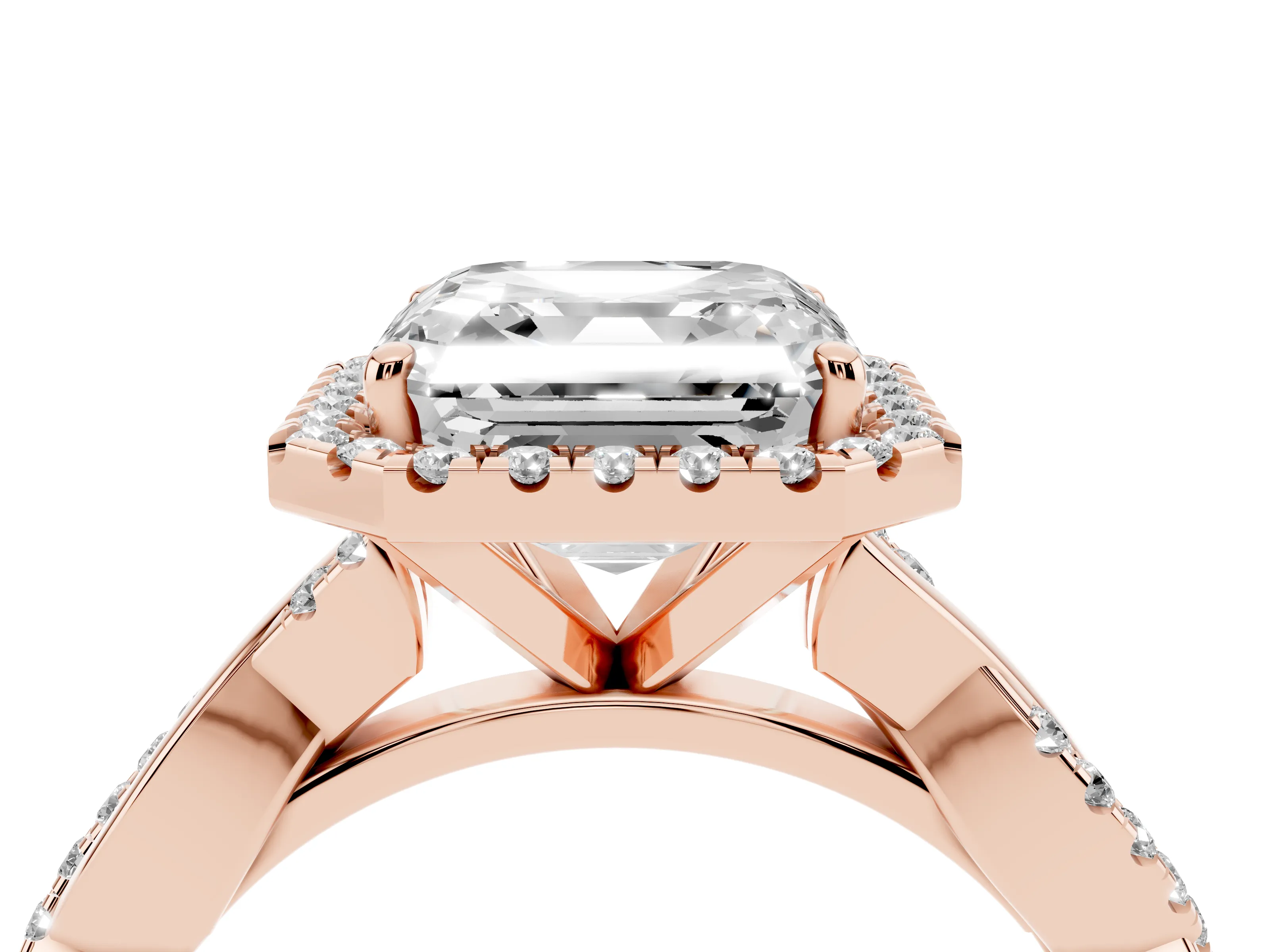 Asscher Cut Diamond Halo Twisted Band Ring Set in Rose gold with Prong Setting