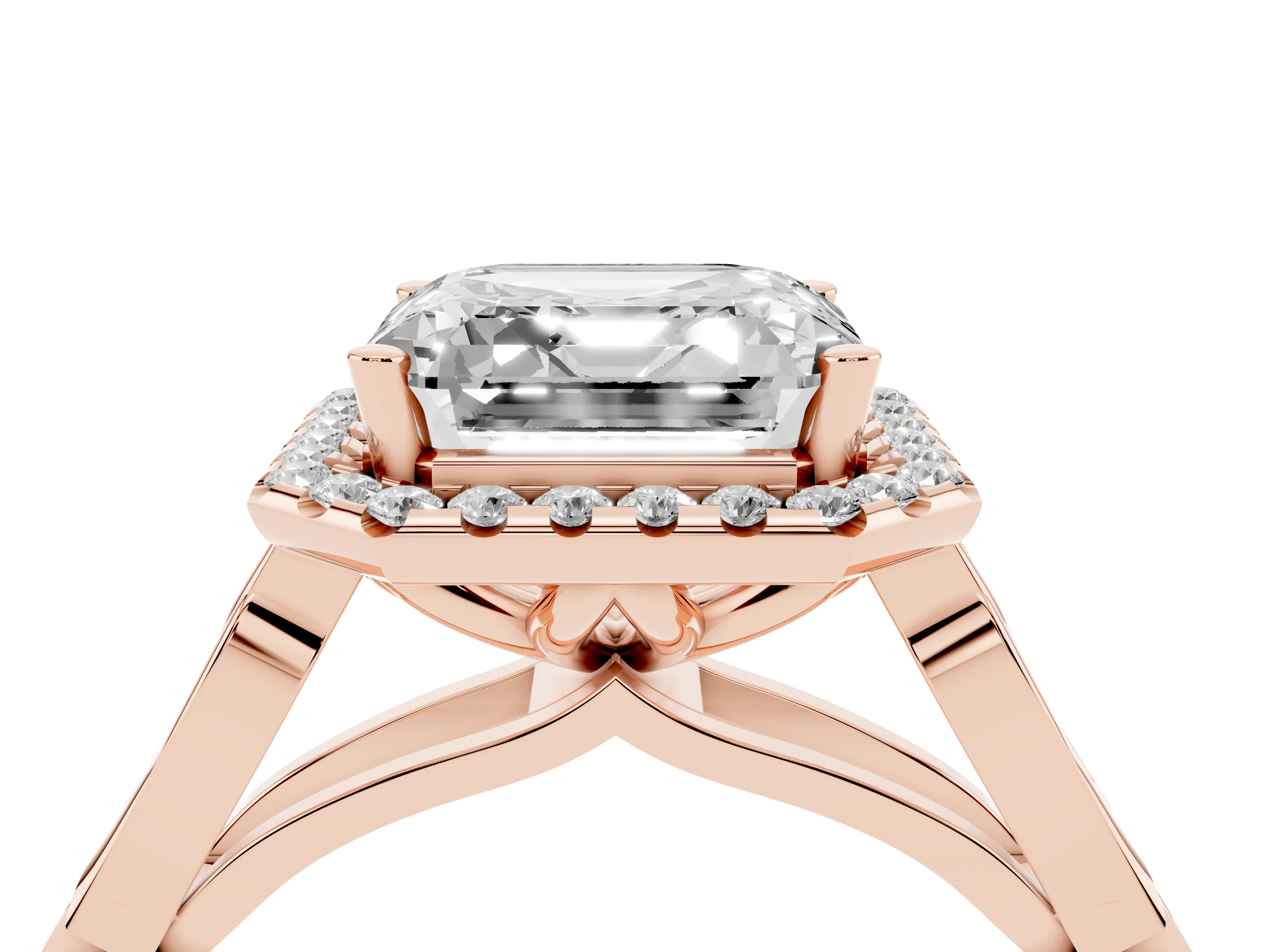 Asscher Cut Diamond Halo Engagement Ring Set in Rose gold with Filigree Band and Prong-Set Center